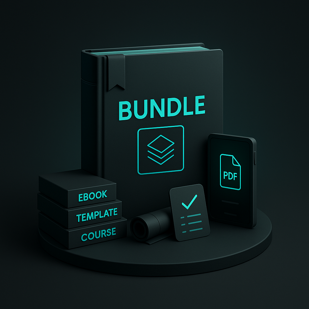 3D bundle mockup with book, phone, and stacked boxes on dark background with teal accents, text “BUNDLE”.