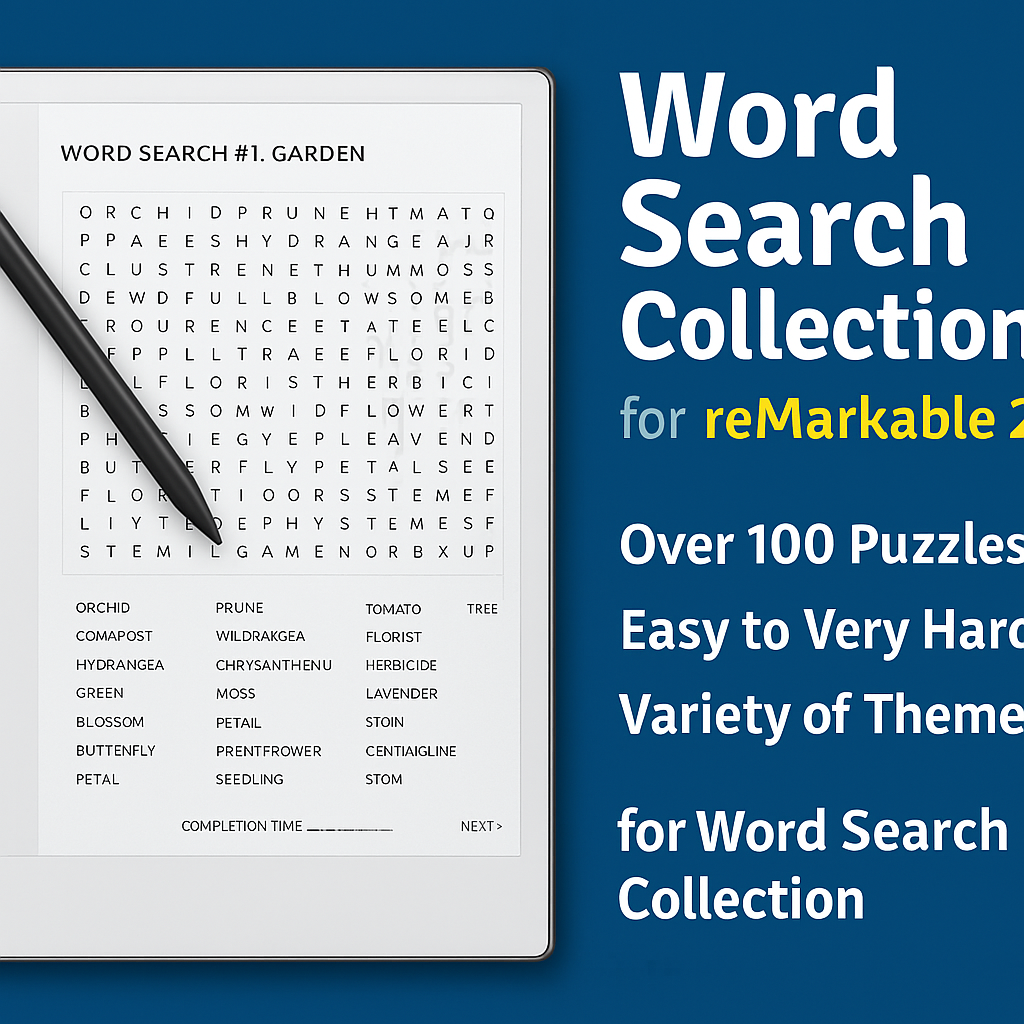 Promotional image of a digital Word Search Collection designed for reMarkable 2 and e-ink tablets. On the left, a tablet displays a sample garden-themed word search puzzle from the collection. On the right, bold text highlights '100 Word Search Puzzles' and features such as themed difficulty levels, optimized layout, and instant digital download
