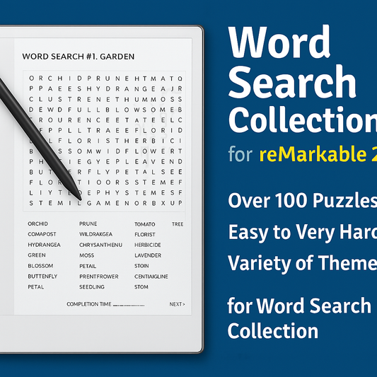 Promotional image of a digital Word Search Collection designed for reMarkable 2 and e-ink tablets. On the left, a tablet displays a sample garden-themed word search puzzle from the collection. On the right, bold text highlights '100 Word Search Puzzles' and features such as themed difficulty levels, optimized layout, and instant digital download