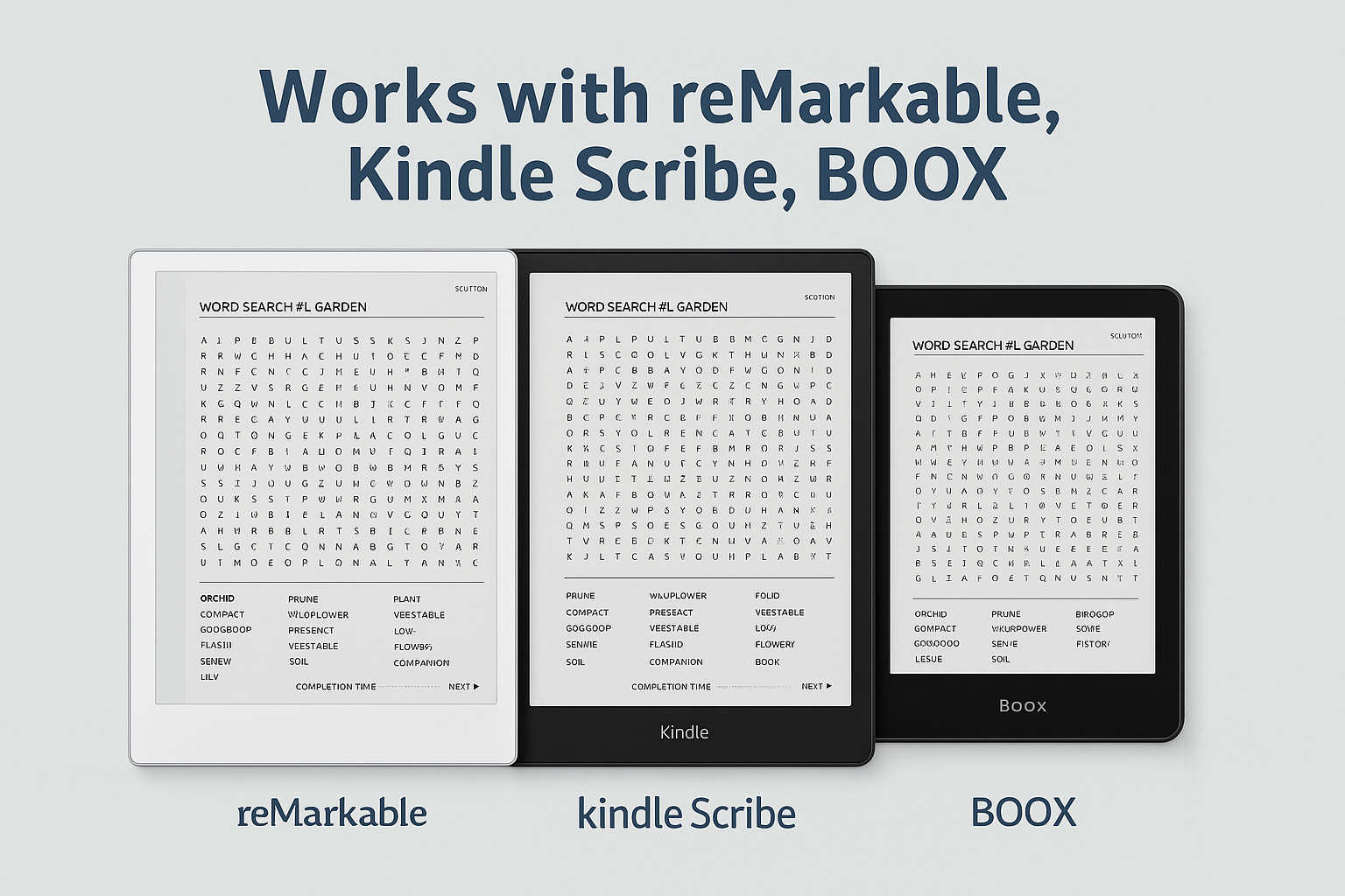Promotional image of a digital Word Search Collection designed for reMarkable 2 and e-ink tablets. On the left, a tablet displays a sample garden-themed word search puzzle from the collection. On the right, bold text highlights '100 Word Search Puzzles' and features such as themed difficulty levels, optimized layout, and instant digital download