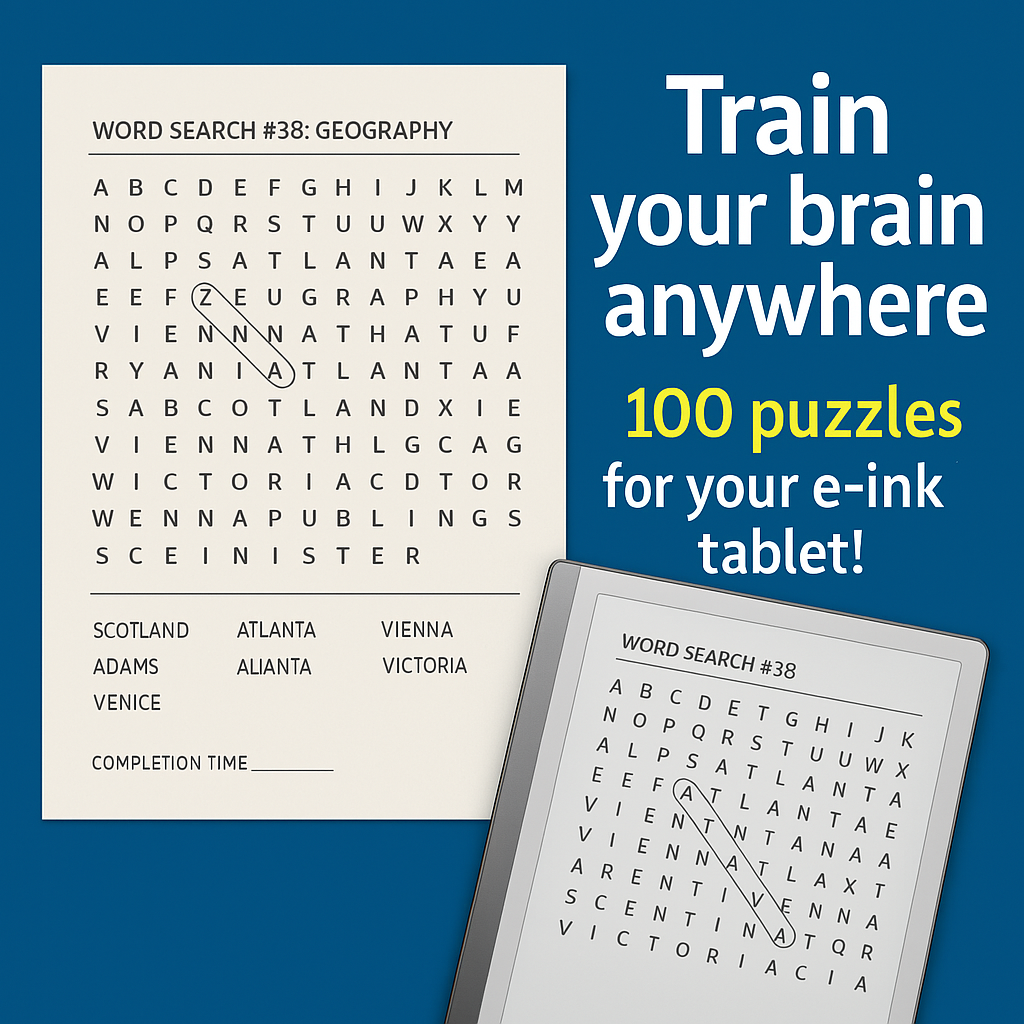 Promotional image of a digital Word Search Collection designed for reMarkable 2 and e-ink tablets. On the left, a tablet displays a sample garden-themed word search puzzle from the collection. On the right, bold text highlights '100 Word Search Puzzles' and features such as themed difficulty levels, optimized layout, and instant digital download