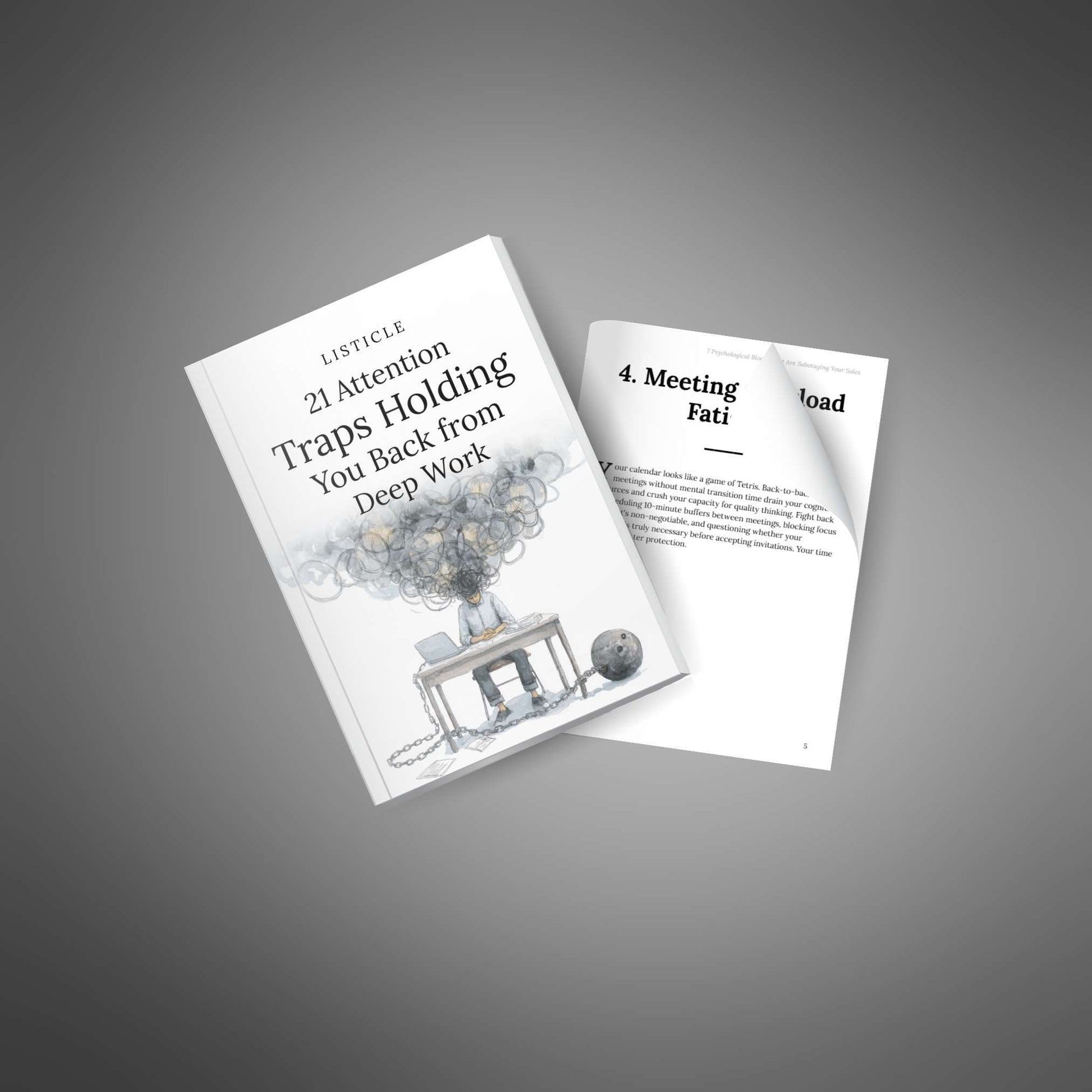 Cover plus curled page preview: Meeting Overload Fatigue section