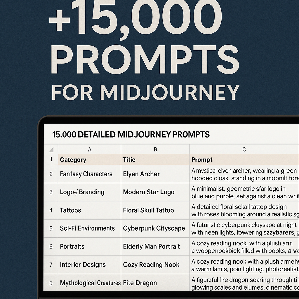 Excel spreadsheet with over 30,000 AI prompts for Midjourney, organized by category, with descriptive titles and detailed visual prompts.