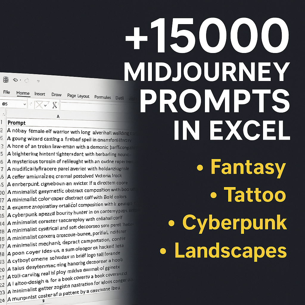 Excel spreadsheet with over 30,000 AI prompts for Midjourney, organized by category, with descriptive titles and detailed visual prompts.