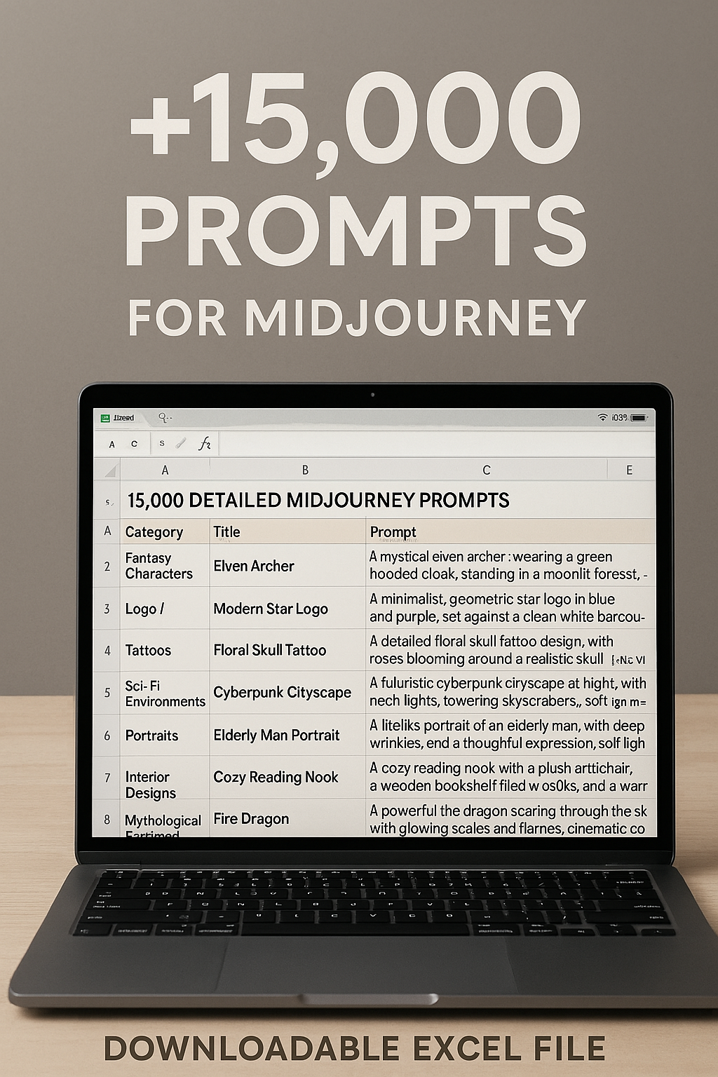 Excel spreadsheet with over 30,000 AI prompts for Midjourney, organized by category, with descriptive titles and detailed visual prompts.