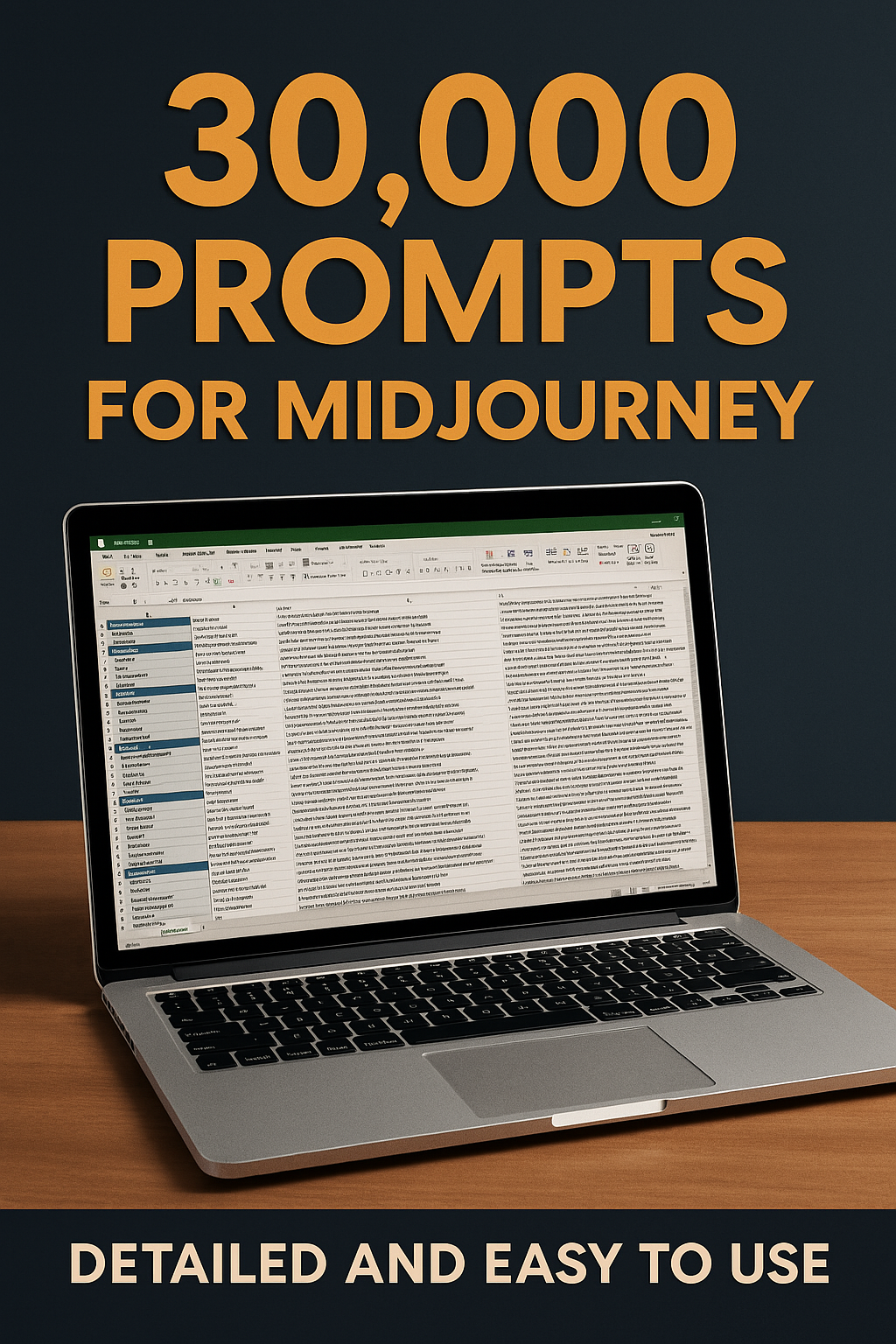 Excel spreadsheet with over 30,000 AI prompts for Midjourney, organized by category, with descriptive titles and detailed visual prompts.