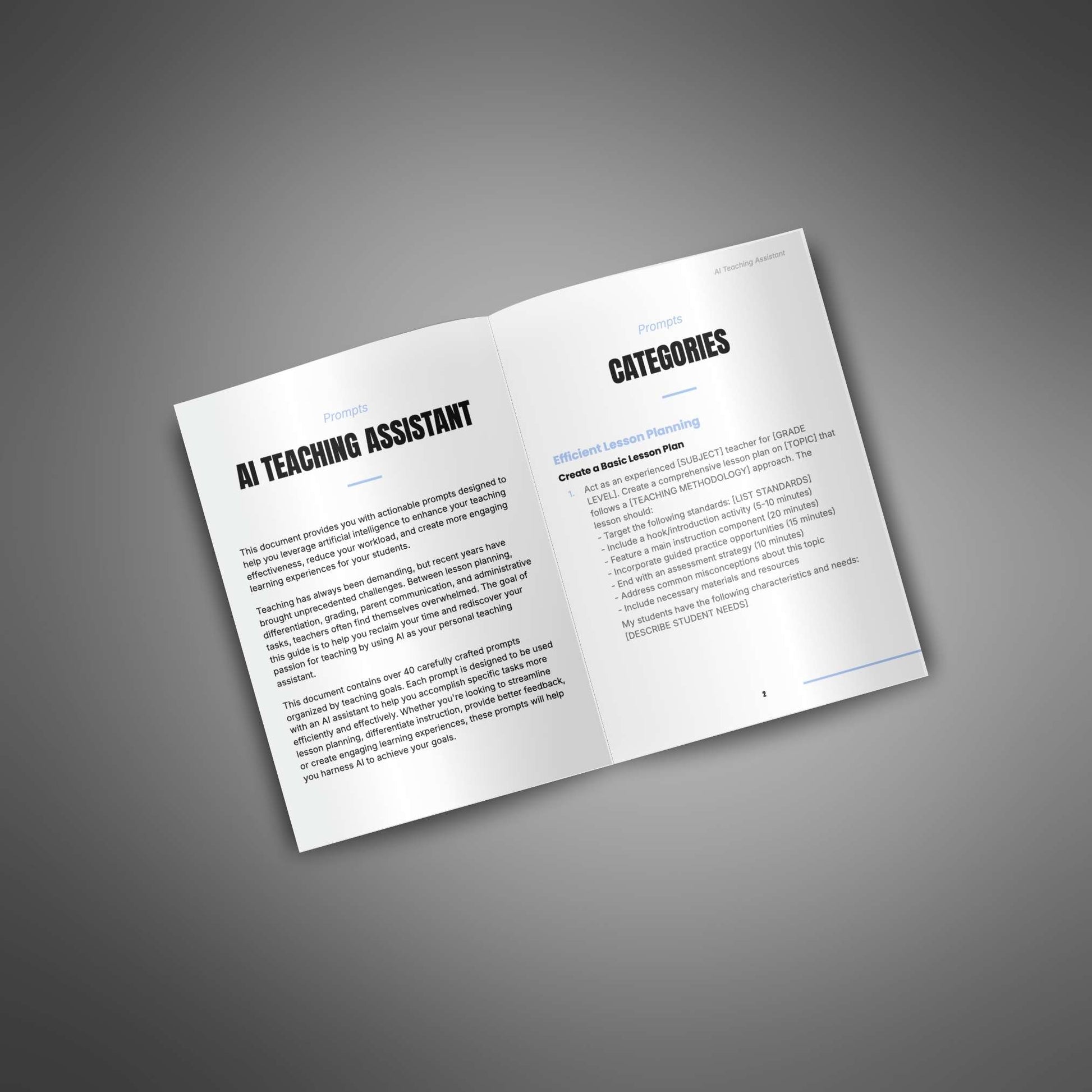 AI Teaching Assistant – ChatGPT Prompts for Lesson Plans, Grading, Parent Emails & Worksheets | Teacher Prompt Pack | Digital Download