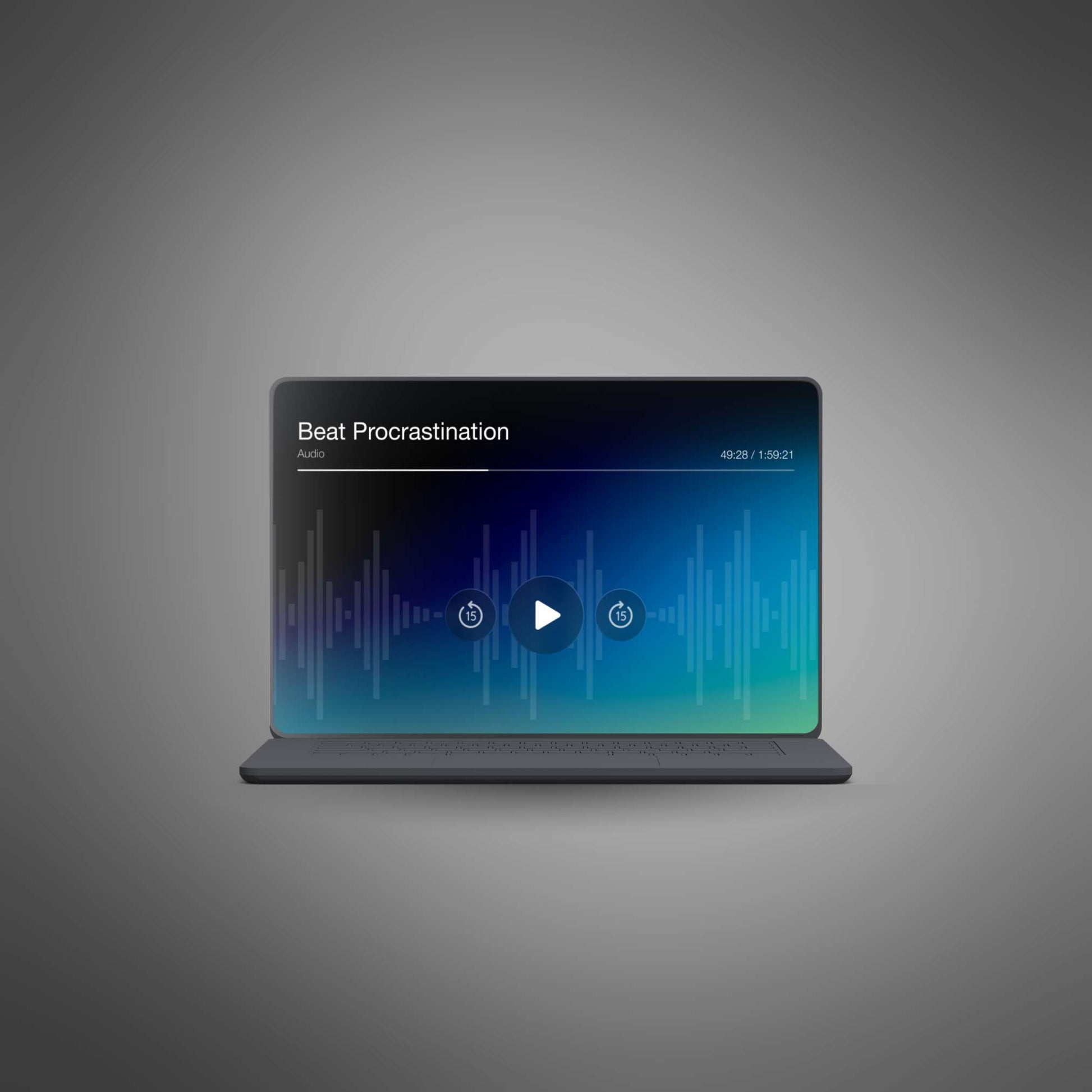 Laptop with headphones and notebook on a tidy desk symbolizing focus, promoting the ‘Beat Procrastination’ 49-minute audio course for time-management and productivity.