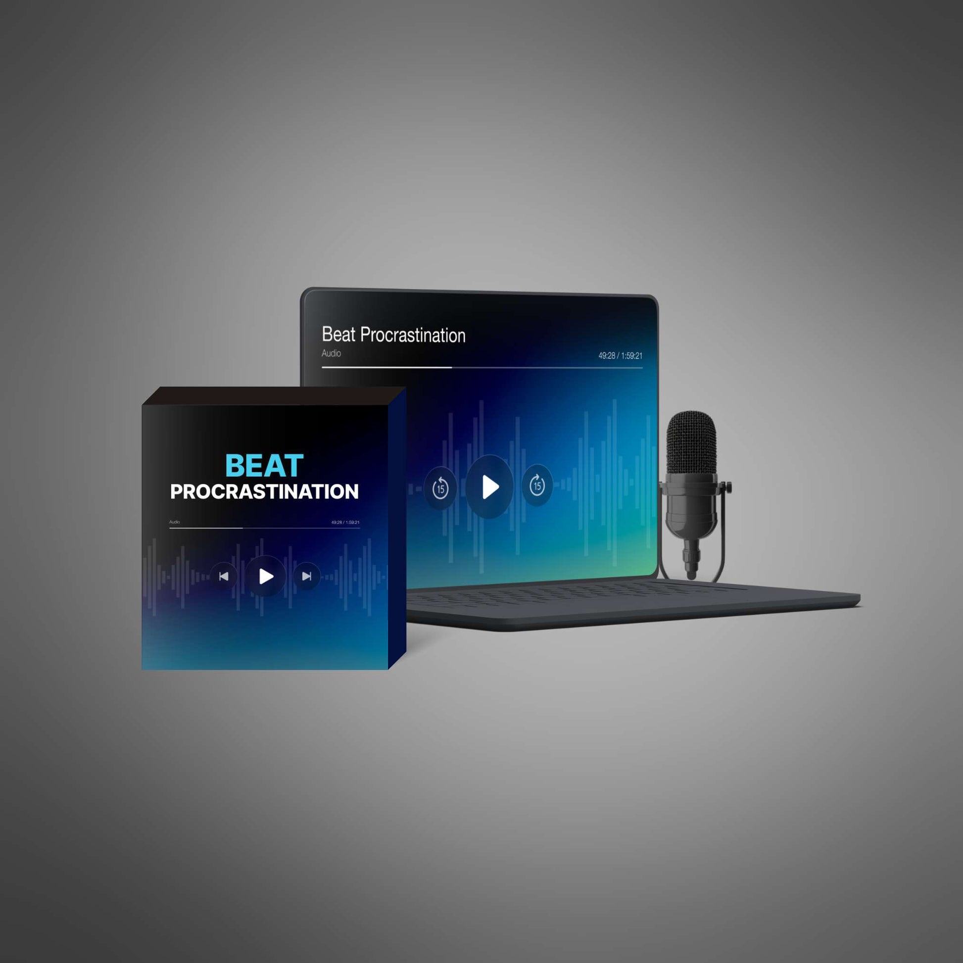 Laptop with headphones and notebook on a tidy desk symbolizing focus, promoting the ‘Beat Procrastination’ 49-minute audio course for time-management and productivity.