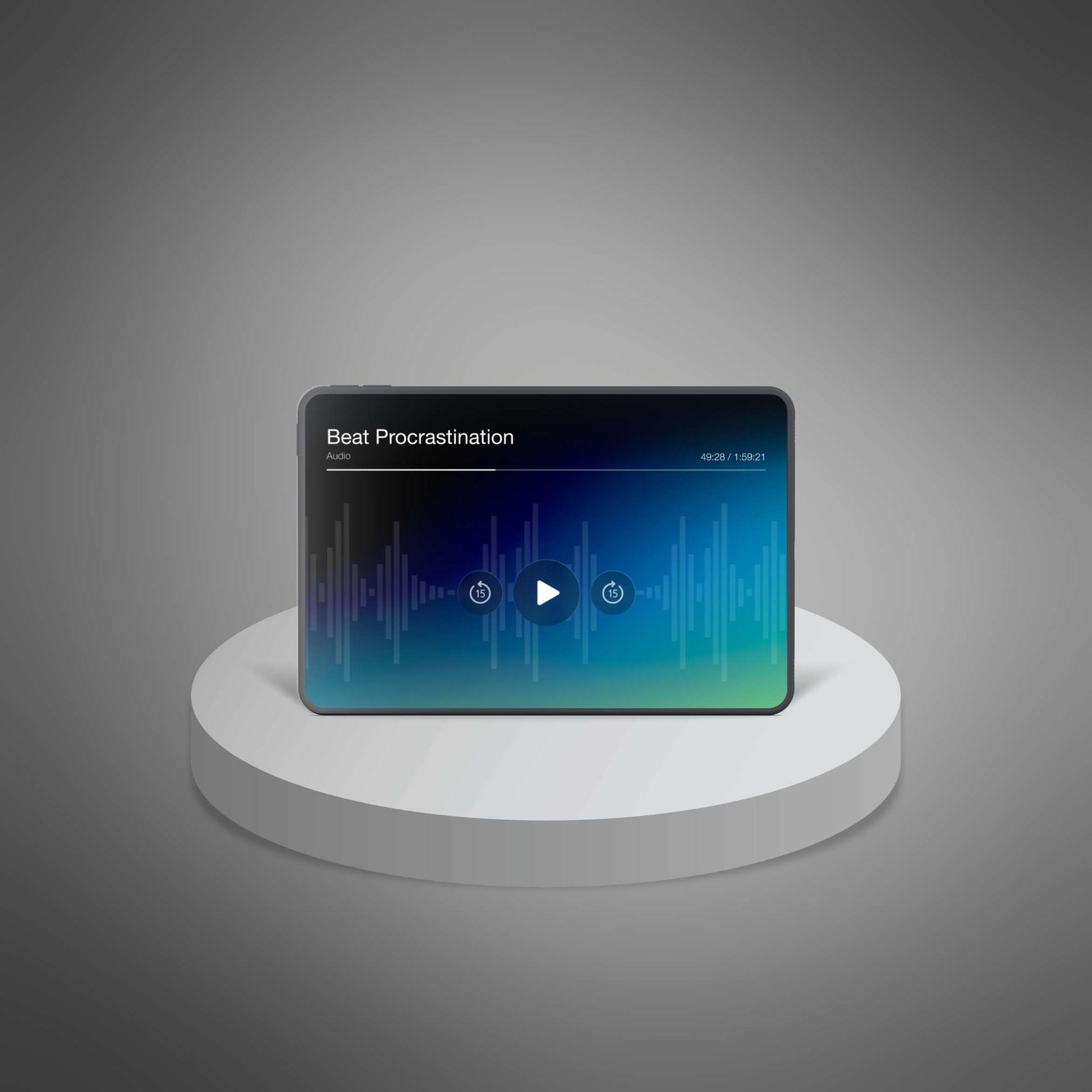 Laptop with headphones and notebook on a tidy desk symbolizing focus, promoting the ‘Beat Procrastination’ 49-minute audio course for time-management and productivity.