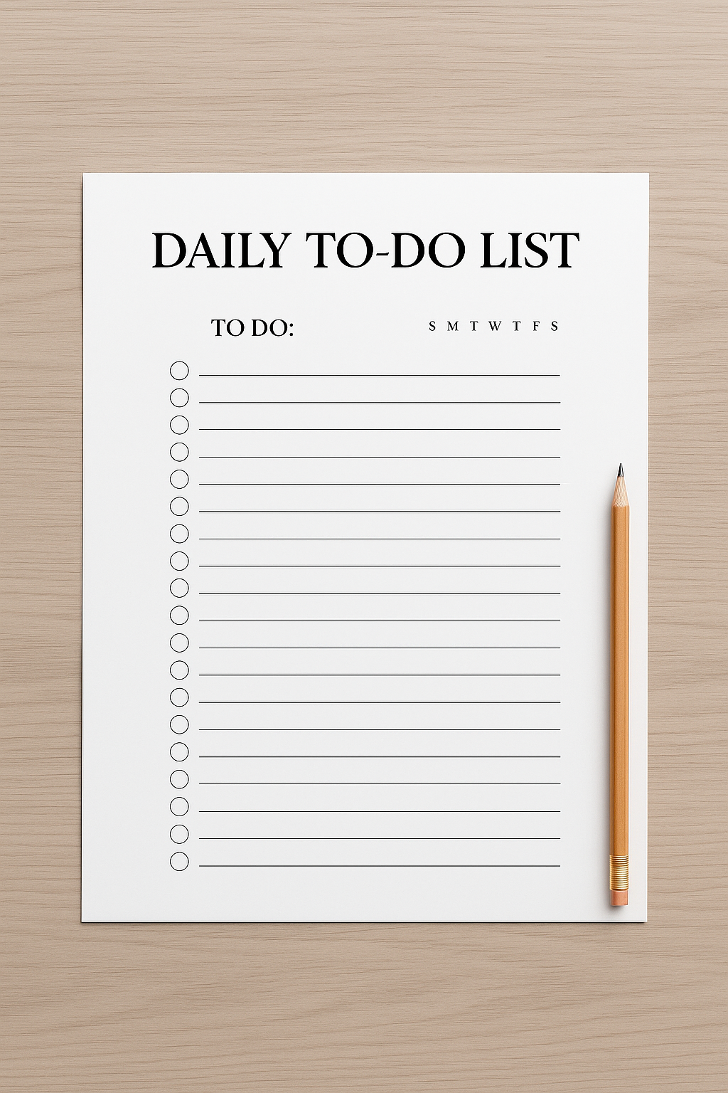 Flat-lay photo of printed Daily To-Do List with pencil on light wood desk.