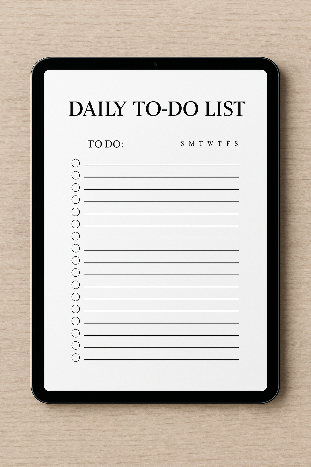 Black tablet displaying the Daily To-Do List PDF on a wooden surface.