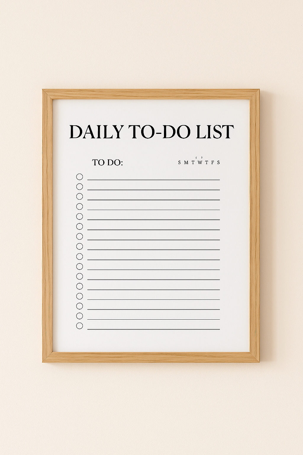 Framed Daily To-Do List hanging on a beige wall, minimalist décor.