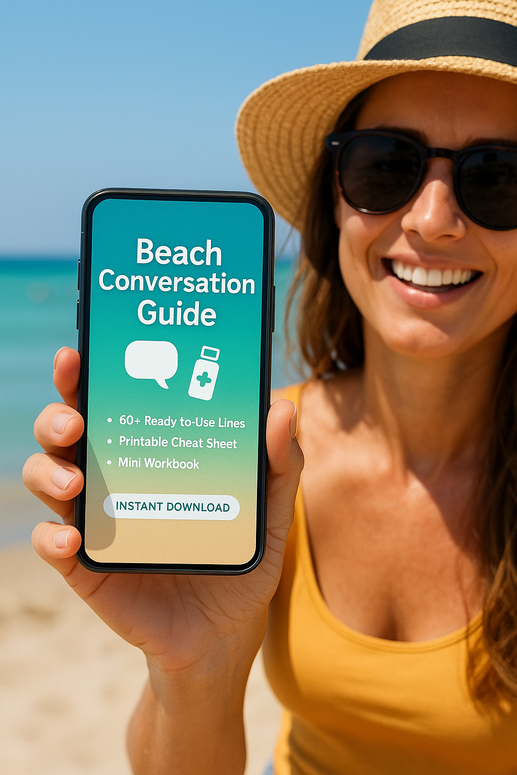 Front cover of the “Beach Pick-up Guide” PDF featuring a sunny shoreline, playful type and the subtitle “Ice-Breaker Quotes & Strategies”.