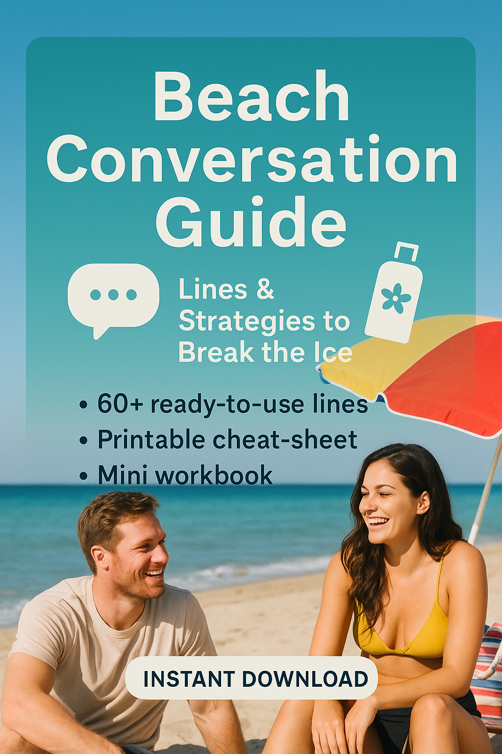 Front cover of the “Beach Pick-up Guide” PDF featuring a sunny shoreline, playful type and the subtitle “Ice-Breaker Quotes & Strategies”.