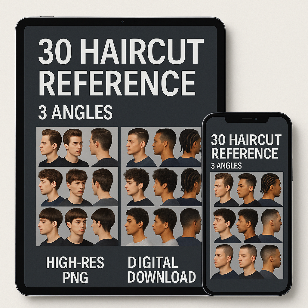 30 Male Haircut Reference Photos – 3 angles per style (High-Res PNG) – Digital Download