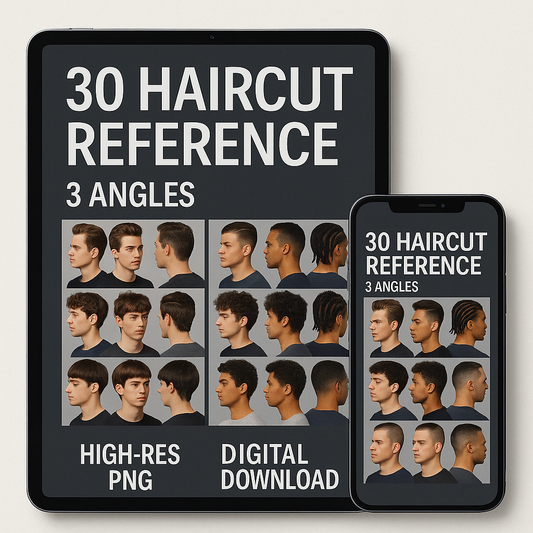 30 Male Haircut Reference Photos – 3 angles per style (High-Res PNG) – Digital Download