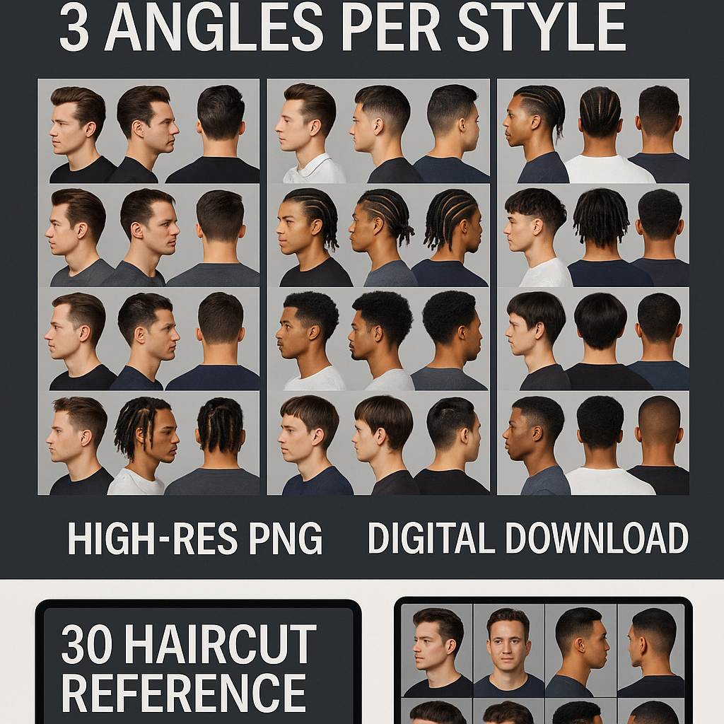 30 Male Haircut Reference Photos – 3 angles per style (High-Res PNG) – Digital Download