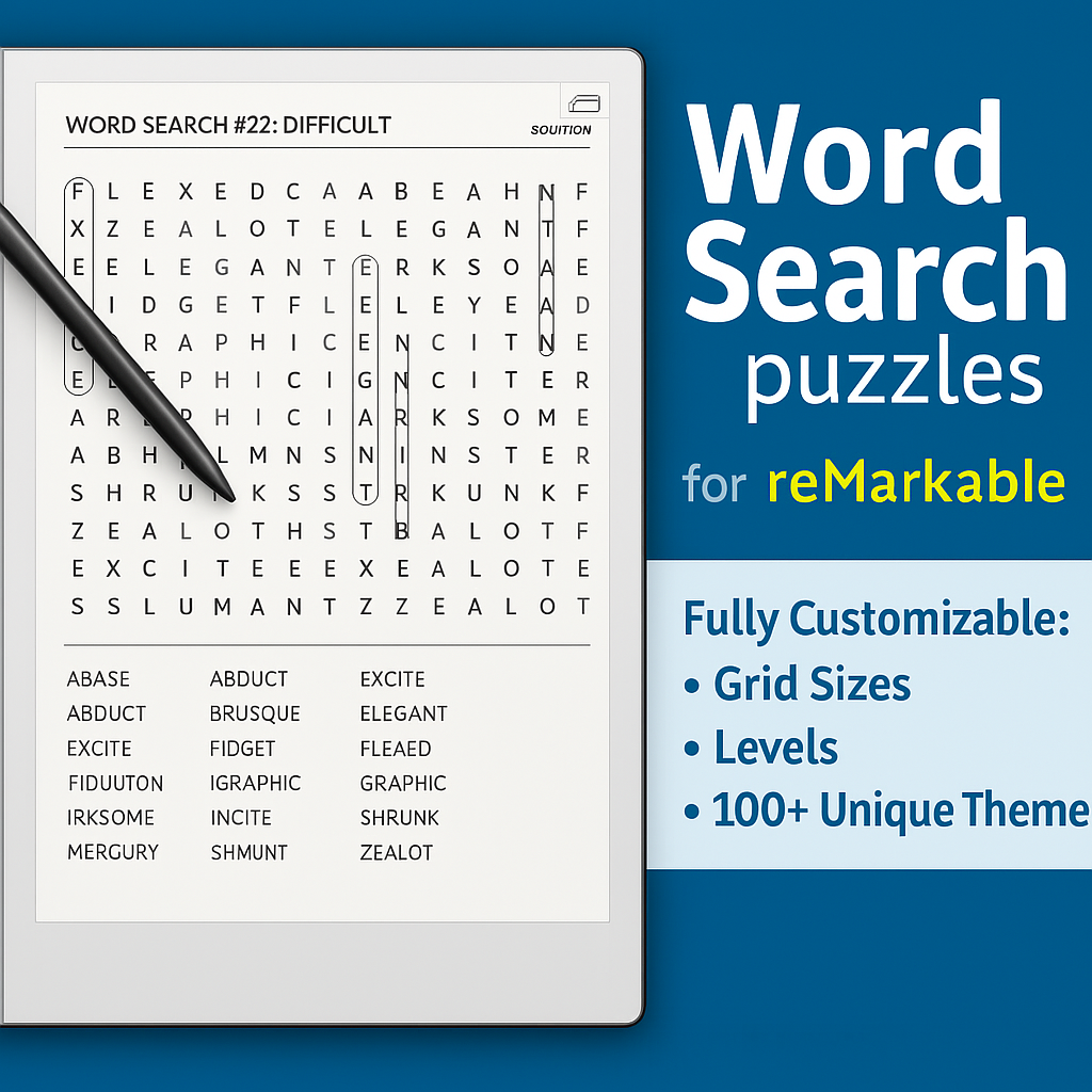 Promotional image of a digital Word Search Collection designed for reMarkable 2 and e-ink tablets. On the left, a tablet displays a sample garden-themed word search puzzle from the collection. On the right, bold text highlights '100 Word Search Puzzles' and features such as themed difficulty levels, optimized layout, and instant digital download