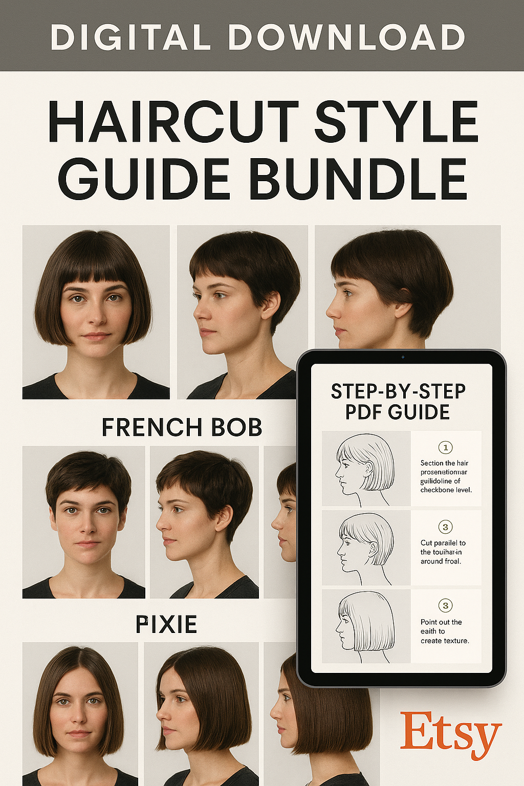 Haircut Style Image Bundle | French Bob, Pixie, Blunt Bob Photos + Bonus PDF Manual | Digital Download for Hairstylists