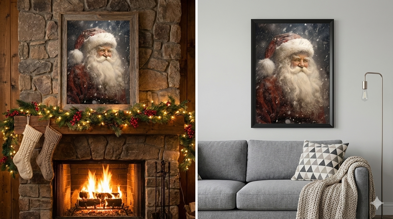 Stampa ritratto di Babbo Natale, arte murale natalizia, dipinto delle vacanze invernali, decorazioni natalizie in stile fattoria, arte di Babbo Natale, STAMPABILE