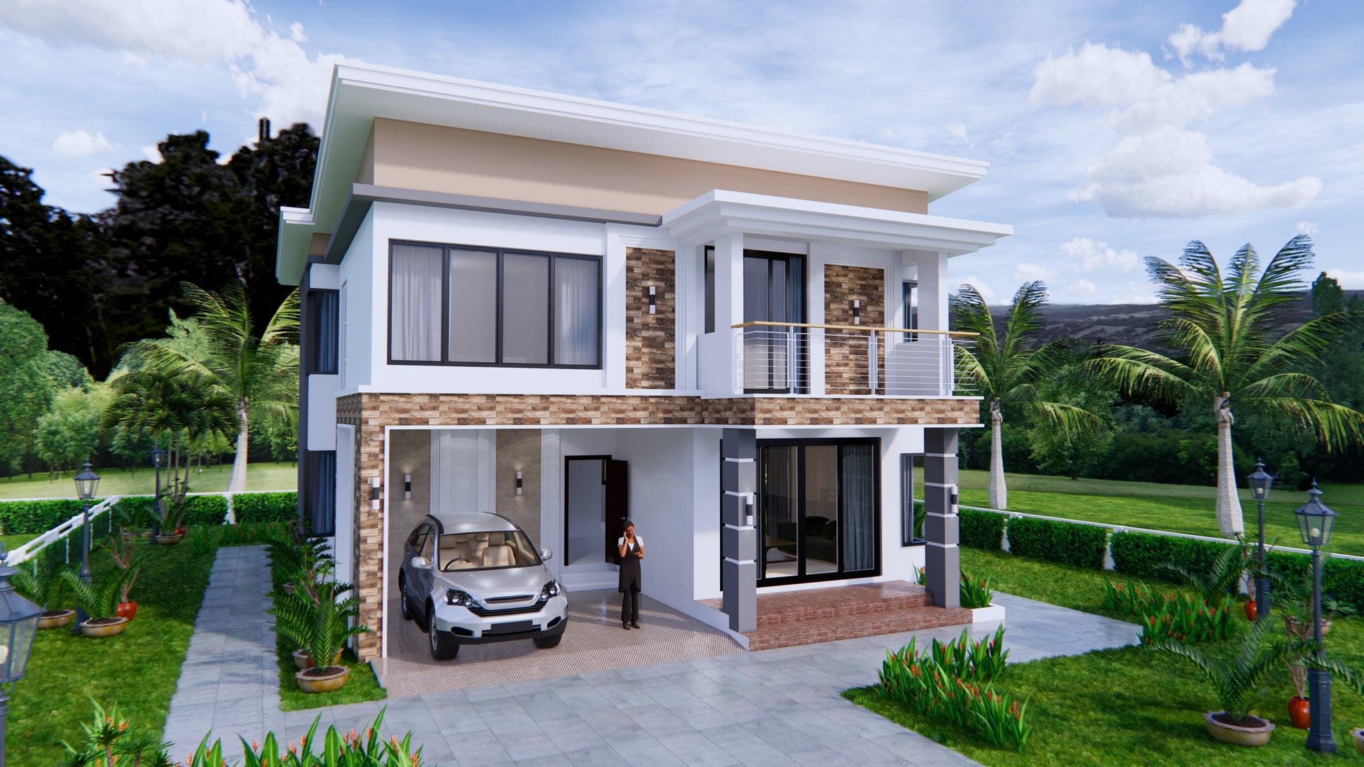 Printable 4 bedroom 3 bathroom modern house plan with shed roof, 9x11 meters (30x36 feet), PDF with 3D views and CAD files