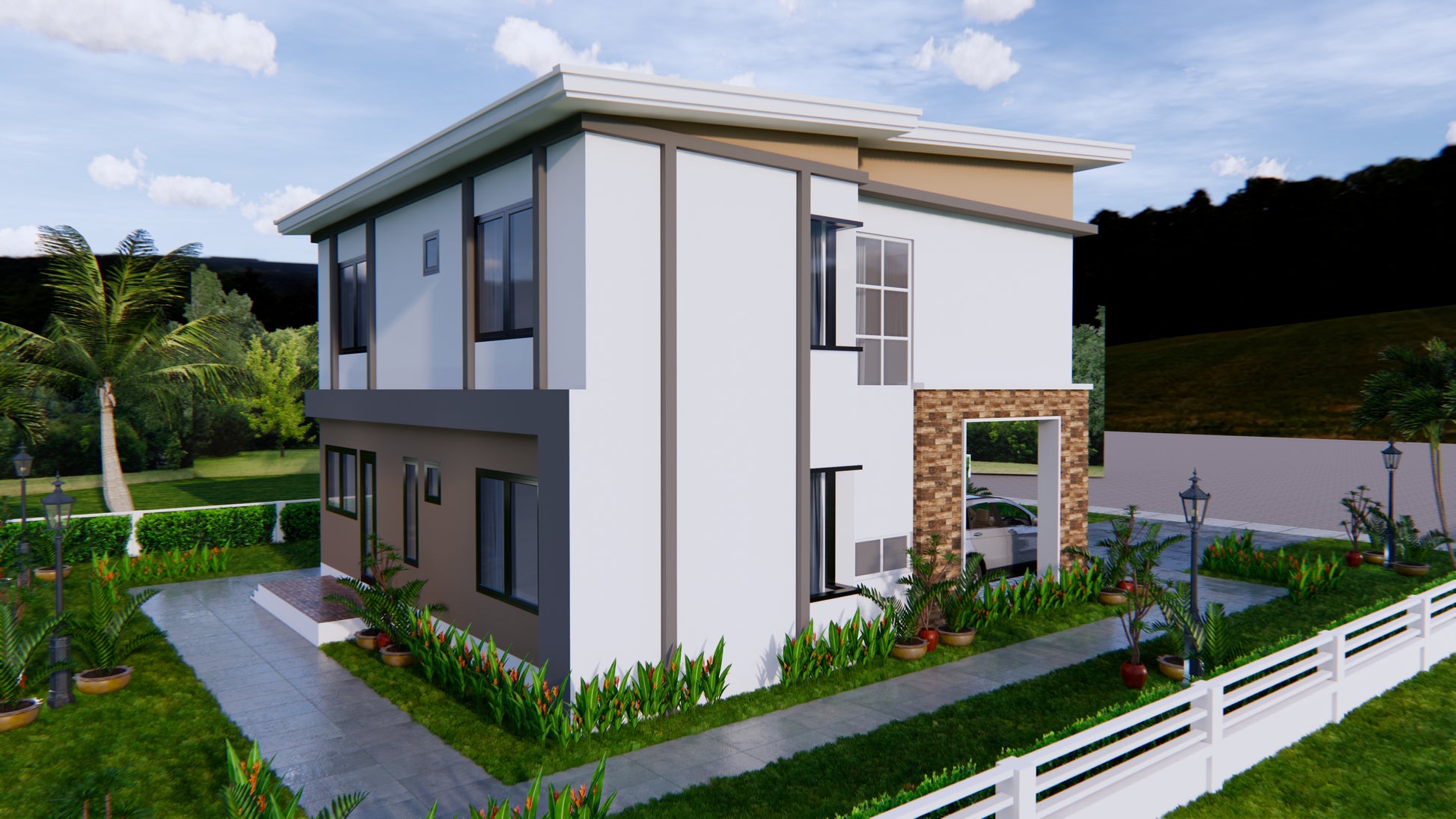 Printable 4 bedroom 3 bathroom modern house plan with shed roof, 9x11 meters (30x36 feet), PDF with 3D views and CAD files