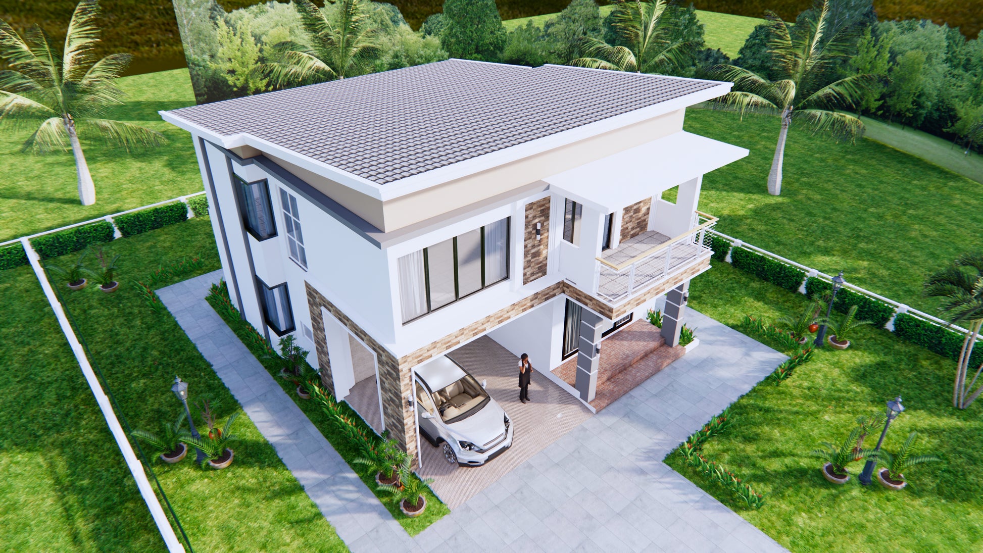 Printable 4 bedroom 3 bathroom modern house plan with shed roof, 9x11 meters (30x36 feet), PDF with 3D views and CAD files