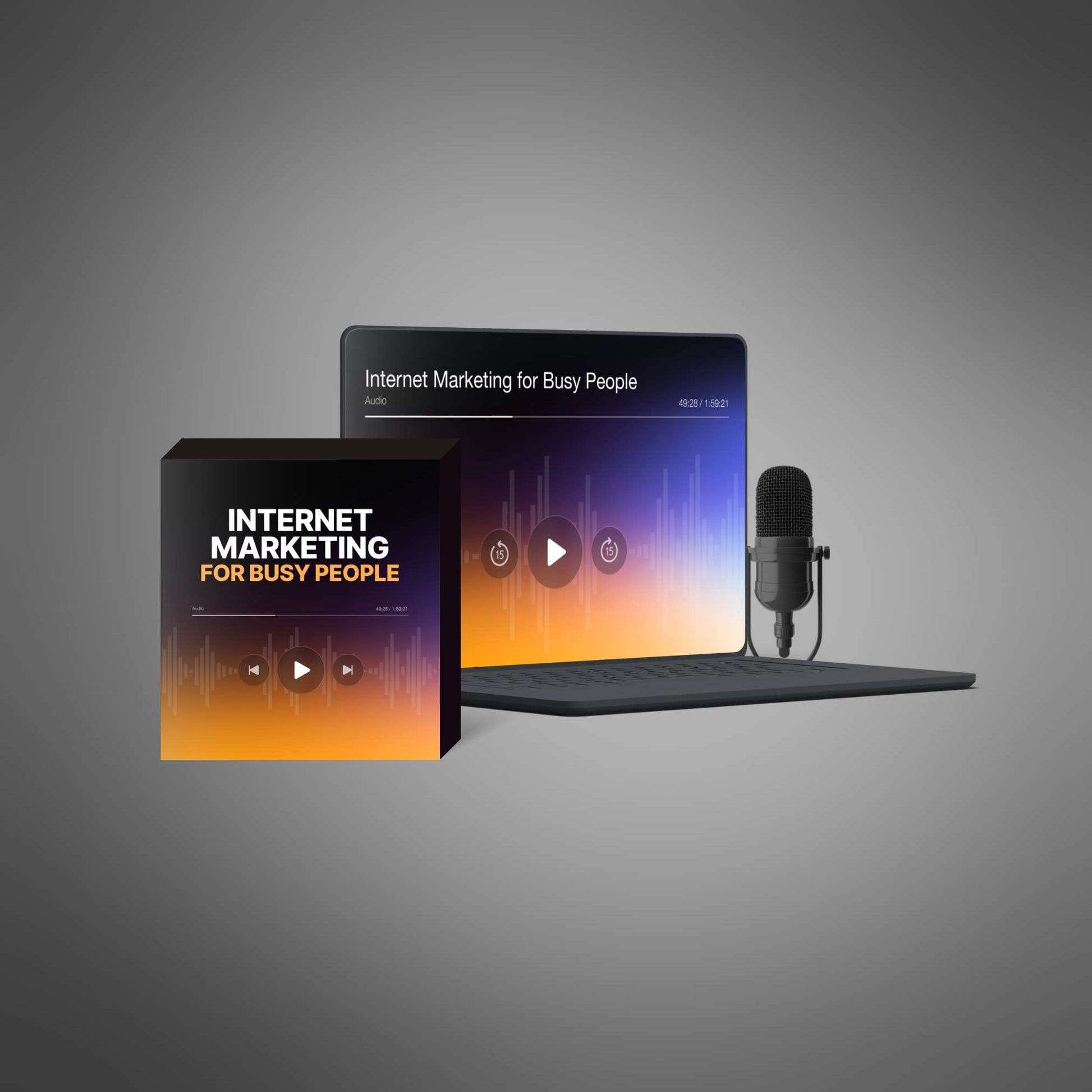 Digital audio course cover featuring a laptop, money icons, and a clock, symbolizing quick online profit strategies.