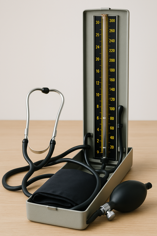 Sfigmomanometro a colonna di mercurio Cardio Press con fonendoscopio su tavolo in legno, con colonna graduata visibile e bracciale in tessuto, ideale per misurazione della pressione arteriosa.