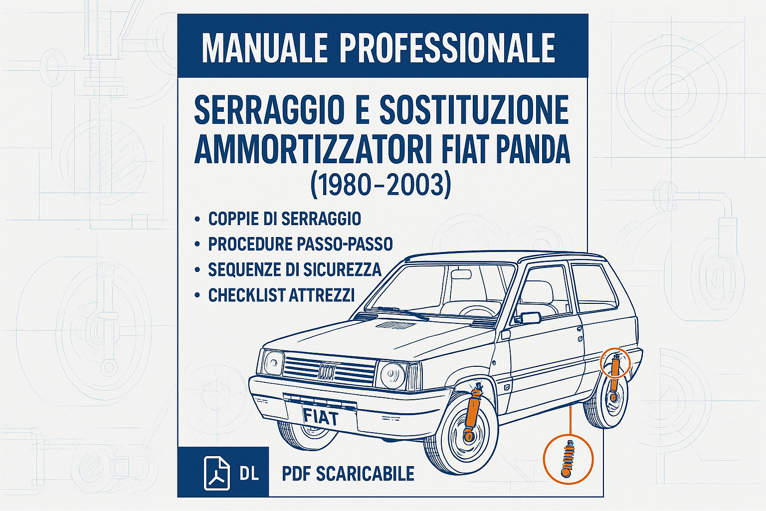 Manuale professionale in italiano per serraggio e sostituzione ammortizzatori Fiat Panda (1980–2003). Coppie di serraggio, sequenze, strumenti, procedure passo‑passo, diagrammi. PDF scaricabile subito.
Coppie di serraggio bulloni/dadi (anteriore e posteriore)
Sequenze corrette e note di sicurezza
Checklist attrezzi e consigli pratici
Formato PDF, leggibile da smartphone e stampabile