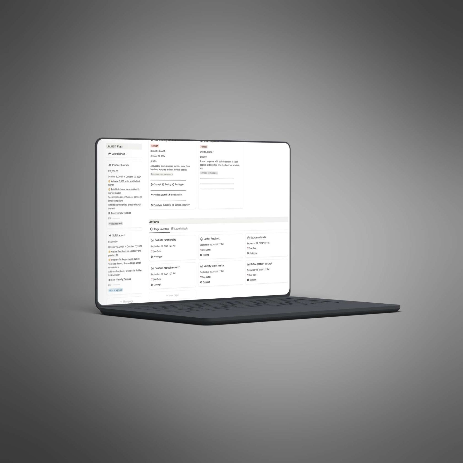 Product Development Hub. Organize product details, track progress, manage testing feedback, and schedule launches in one Notion workspace.