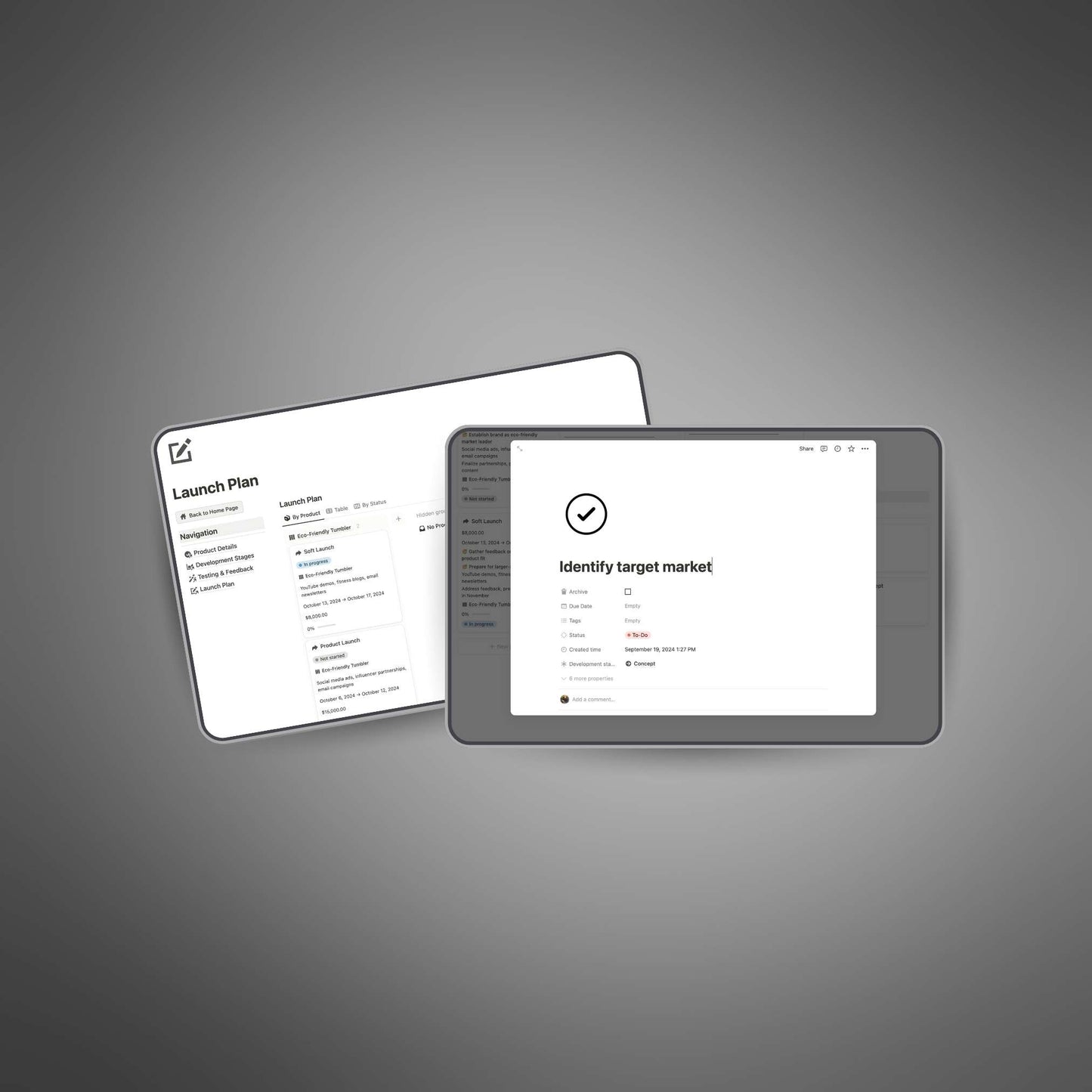 Product Development Hub. Organize product details, track progress, manage testing feedback, and schedule launches in one Notion workspace.