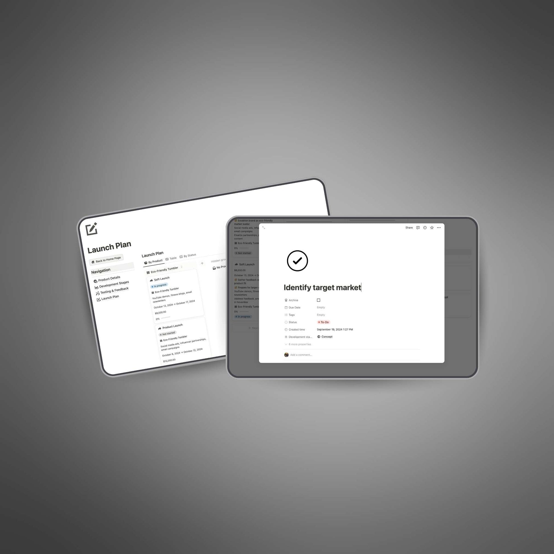 Product Development Hub. Organize product details, track progress, manage testing feedback, and schedule launches in one Notion workspace.