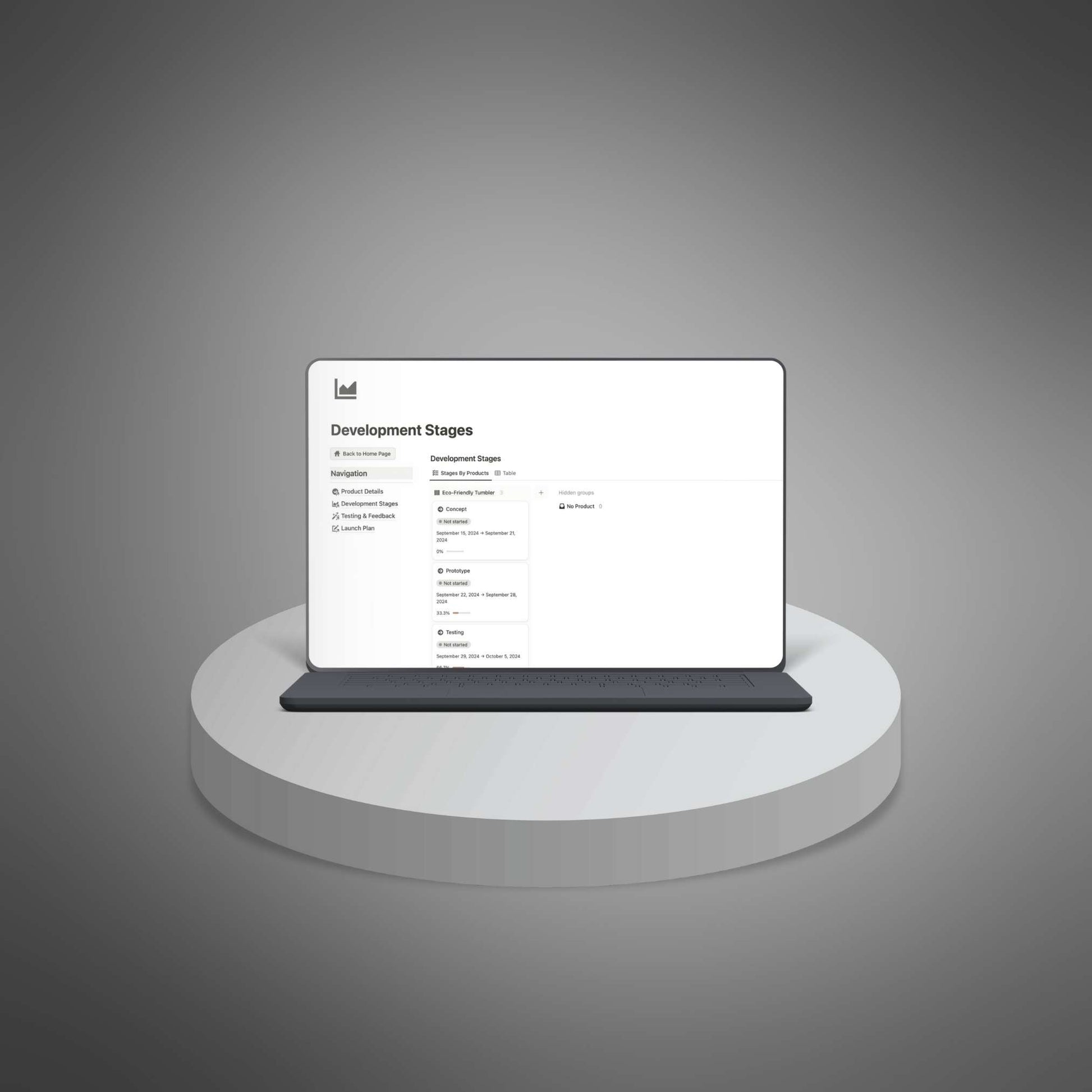 Product Development Hub. Organize product details, track progress, manage testing feedback, and schedule launches in one Notion workspace.