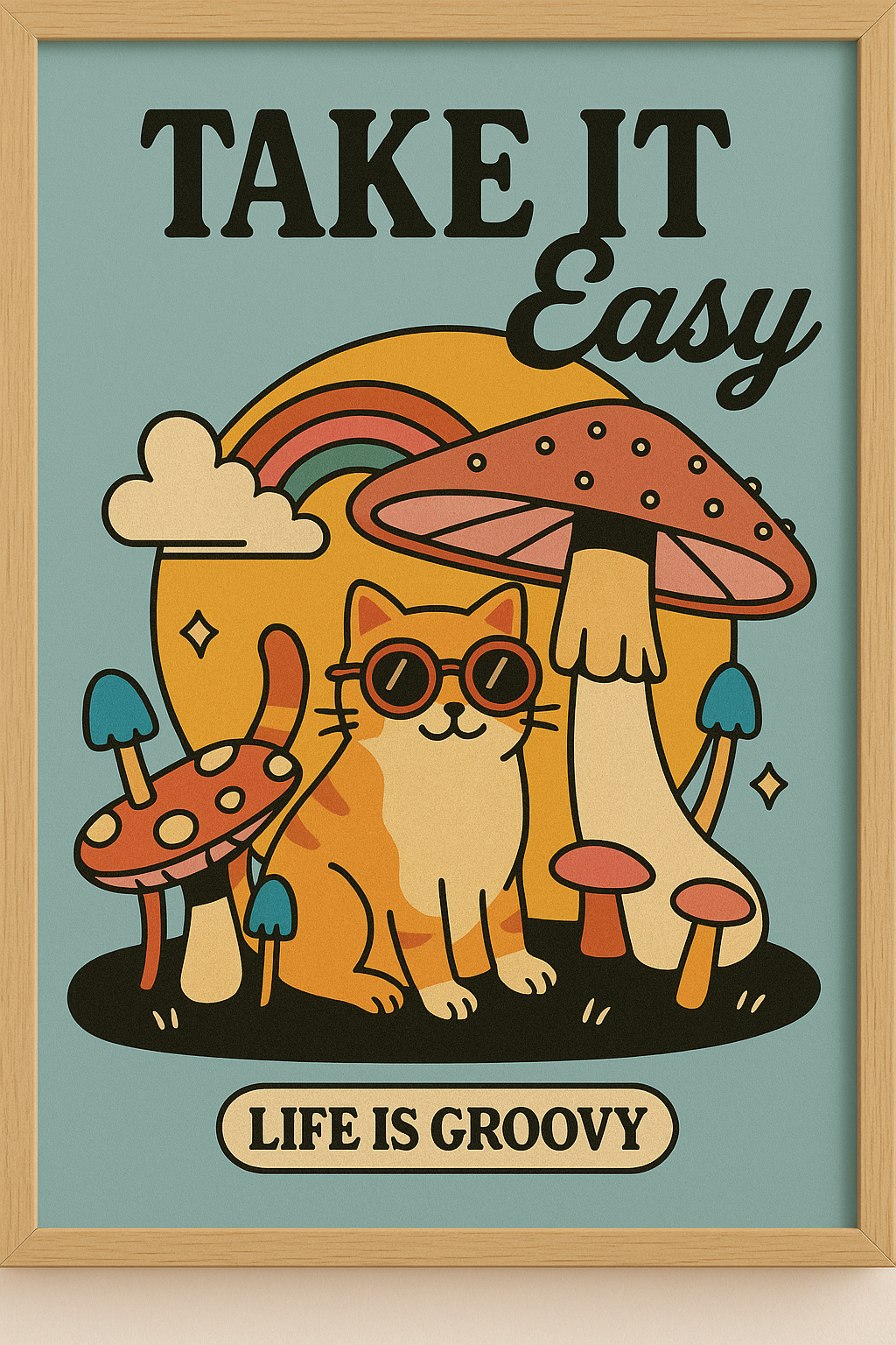 Retro cat and mushrooms printable wall art on teal background