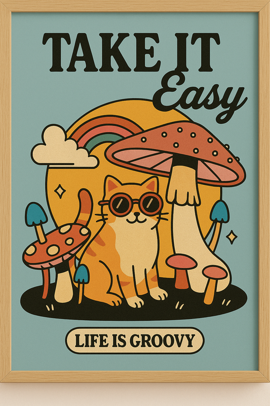 Retro cat and mushrooms printable wall art on teal background