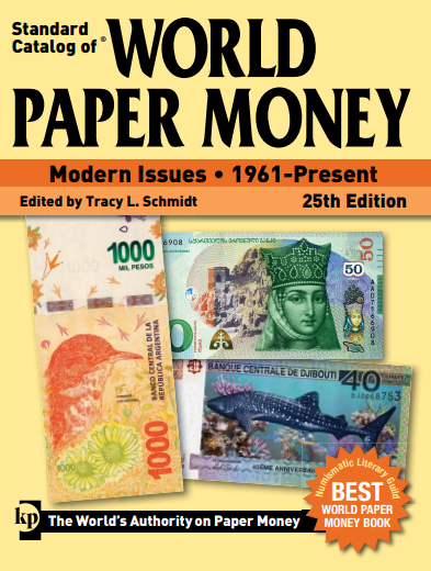 Cover of “Standard Catalog of World Paper Money – Modern Issues 1961-Present, 25th Edition”, yellow background with global banknotes collage