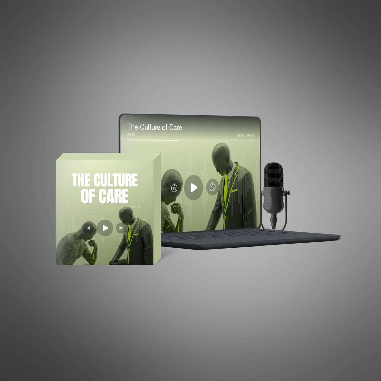 Podcast series artwork + laptop + mic