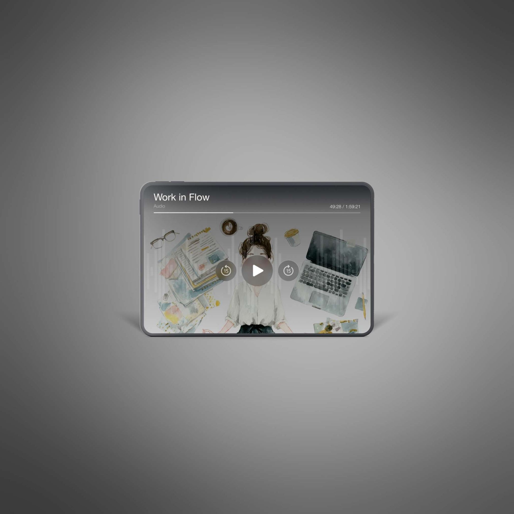 Work in Flow – Audio player on tablet mockup