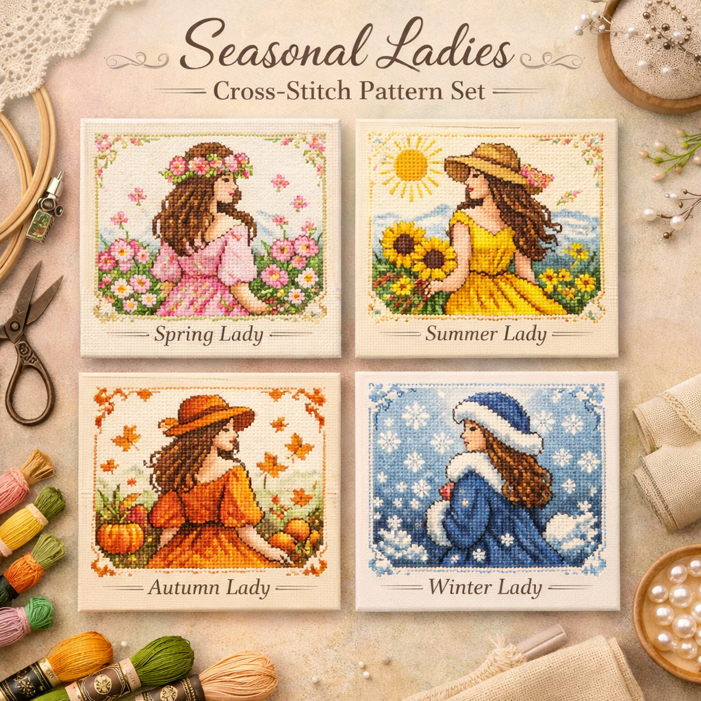 Seasonal Ladies Cross-Stitch Pattern Set (4 Seasons) PDF | Beginner-Friendly Guide