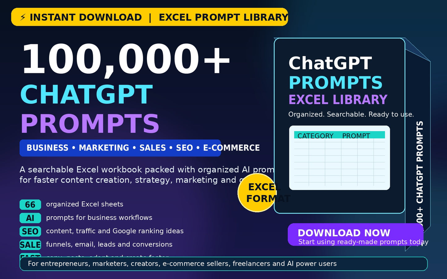 100,000+ ChatGPT Prompts Excel Library for Business, Marketing, SEO & Sales