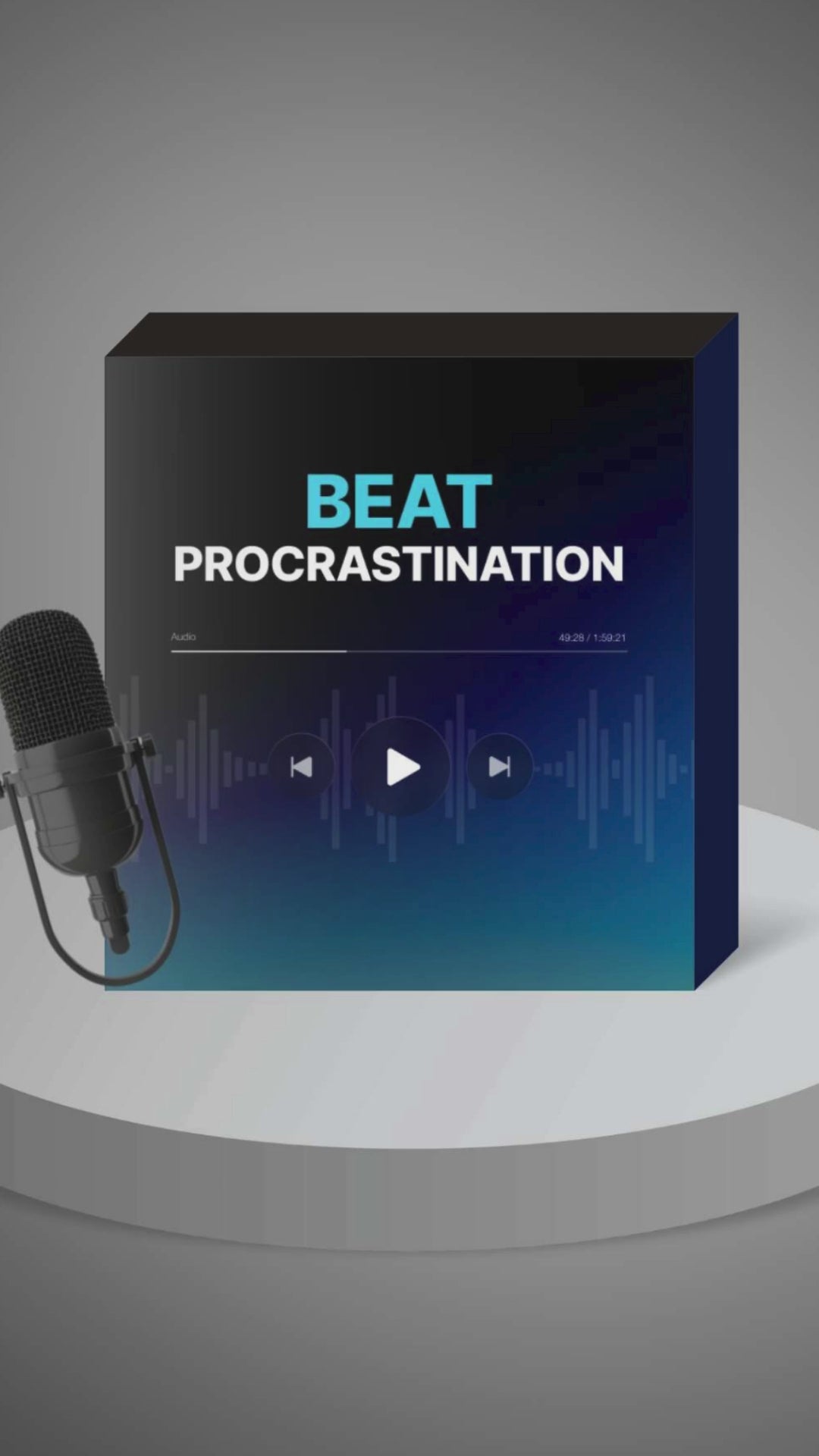 Laptop with headphones and notebook on a tidy desk symbolizing focus, promoting the ‘Beat Procrastination’ 49-minute audio course for time-management and productivity.