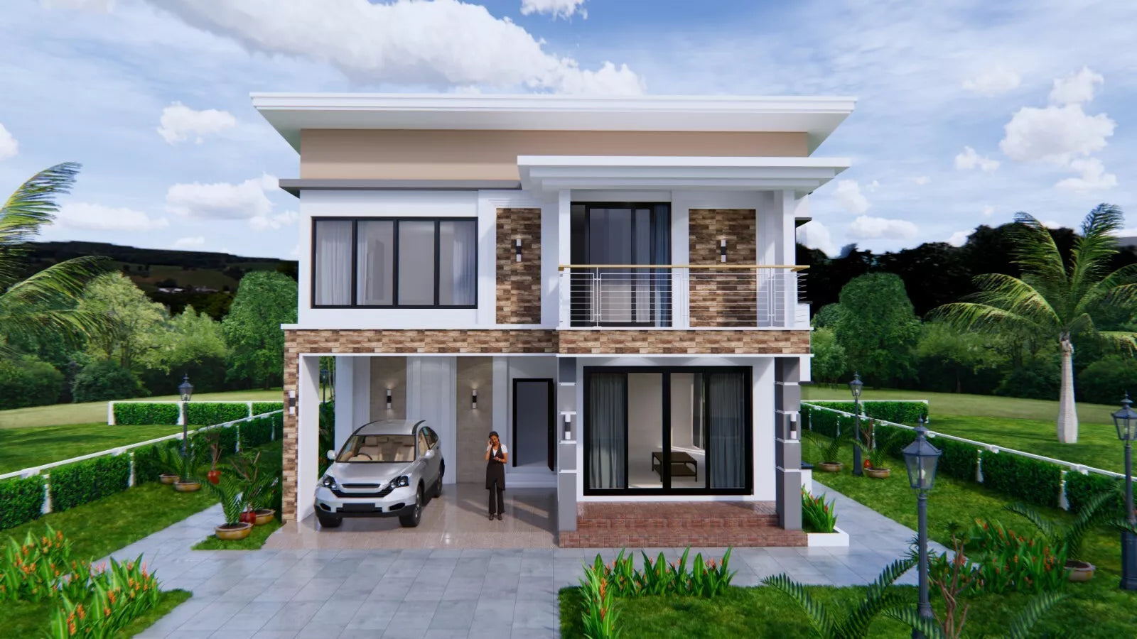 Printable 4 bedroom 3 bathroom modern house plan with shed roof, 9x11 meters (30x36 feet), PDF with 3D views and CAD files