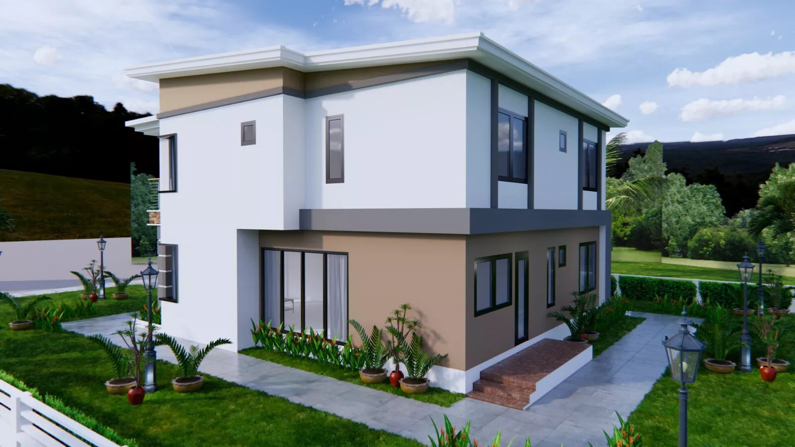 Printable 4 bedroom 3 bathroom modern house plan with shed roof, 9x11 meters (30x36 feet), PDF with 3D views and CAD files