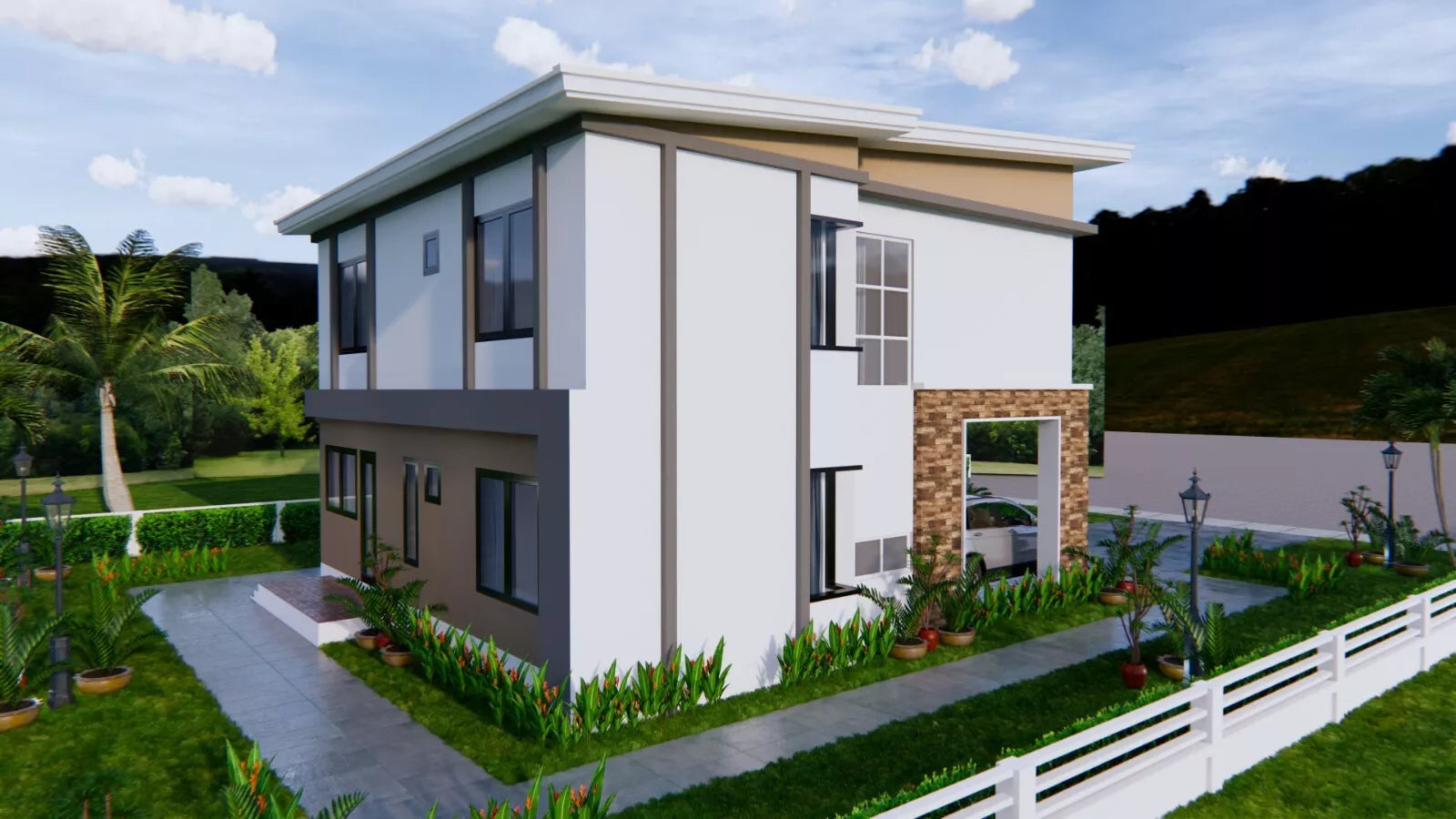 Printable 4 bedroom 3 bathroom modern house plan with shed roof, 9x11 meters (30x36 feet), PDF with 3D views and CAD files