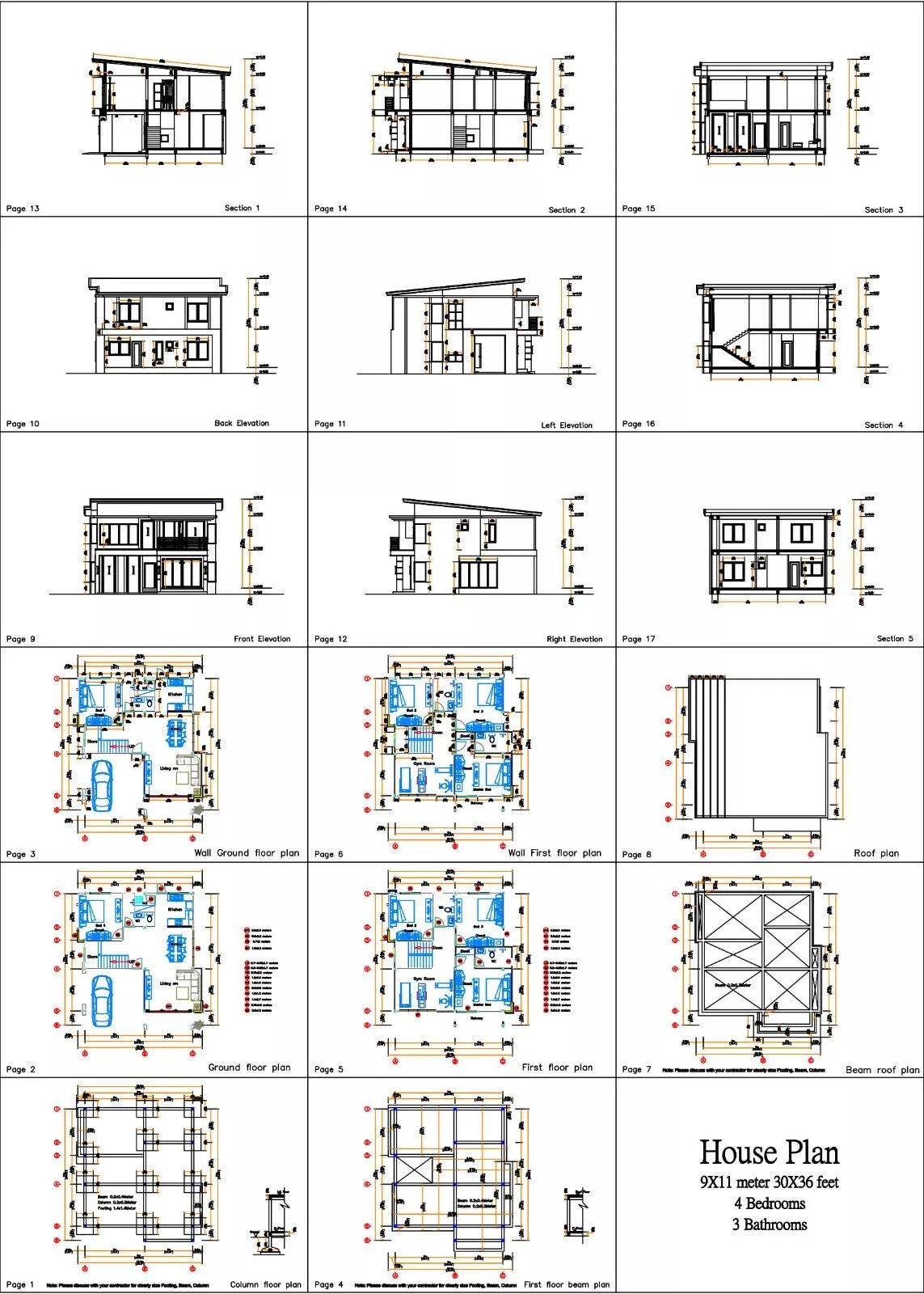 Printable 4 bedroom 3 bathroom modern house plan with shed roof, 9x11 meters (30x36 feet), PDF with 3D views and CAD files