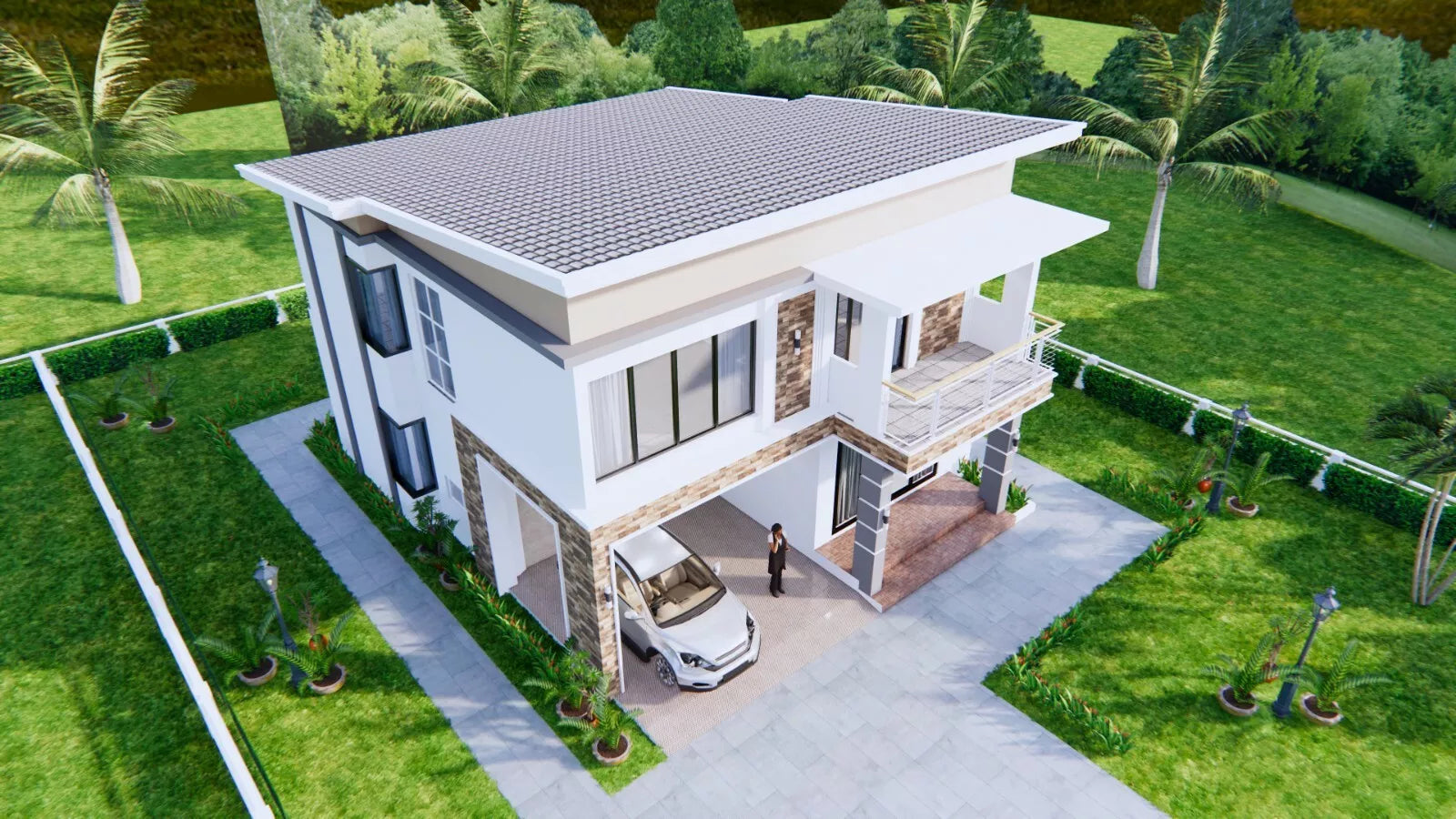 Printable 4 bedroom 3 bathroom modern house plan with shed roof, 9x11 meters (30x36 feet), PDF with 3D views and CAD files