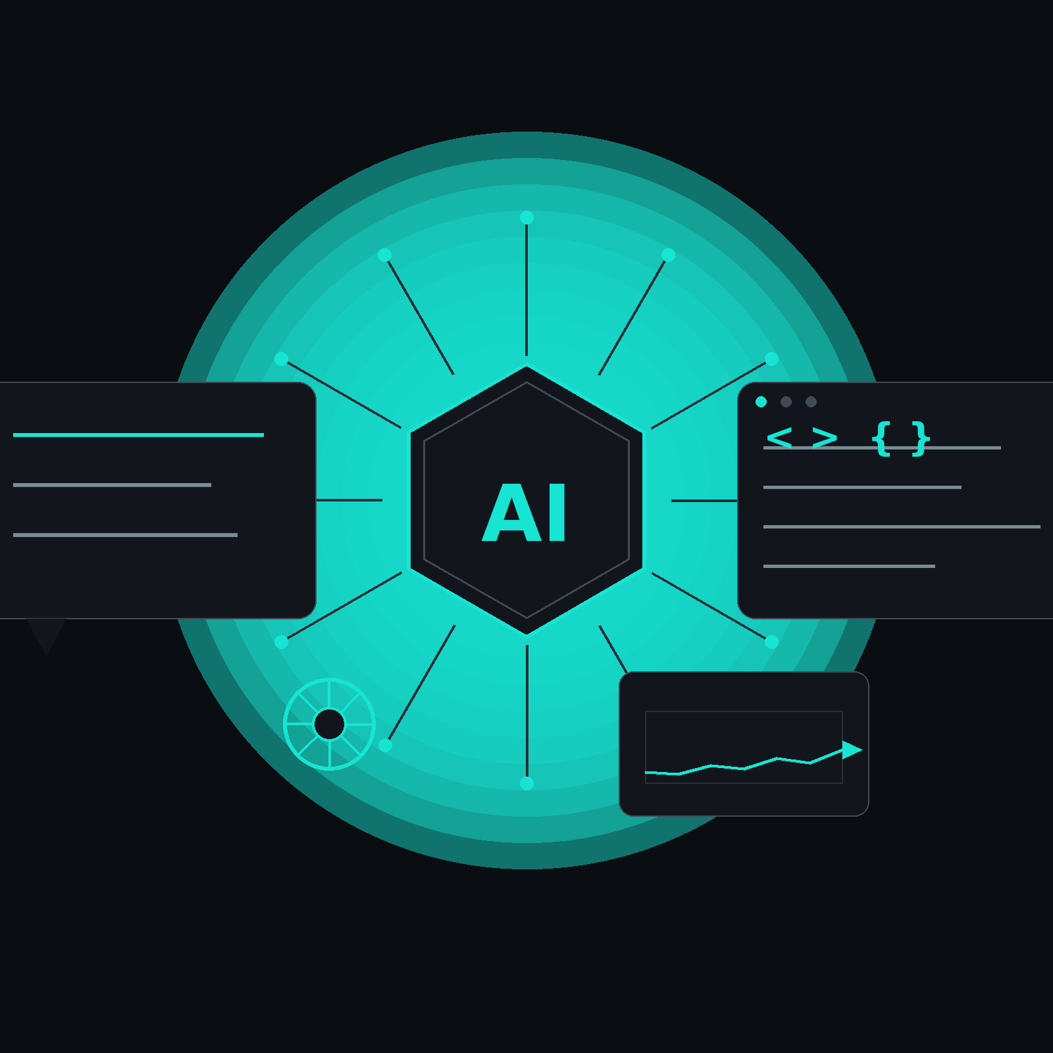 Hexagonal AI chip with circuits, chat bubble, code window, gear and mini chart on dark charcoal background with teal glow, caption “AI — Automation • Content • Insights”.
