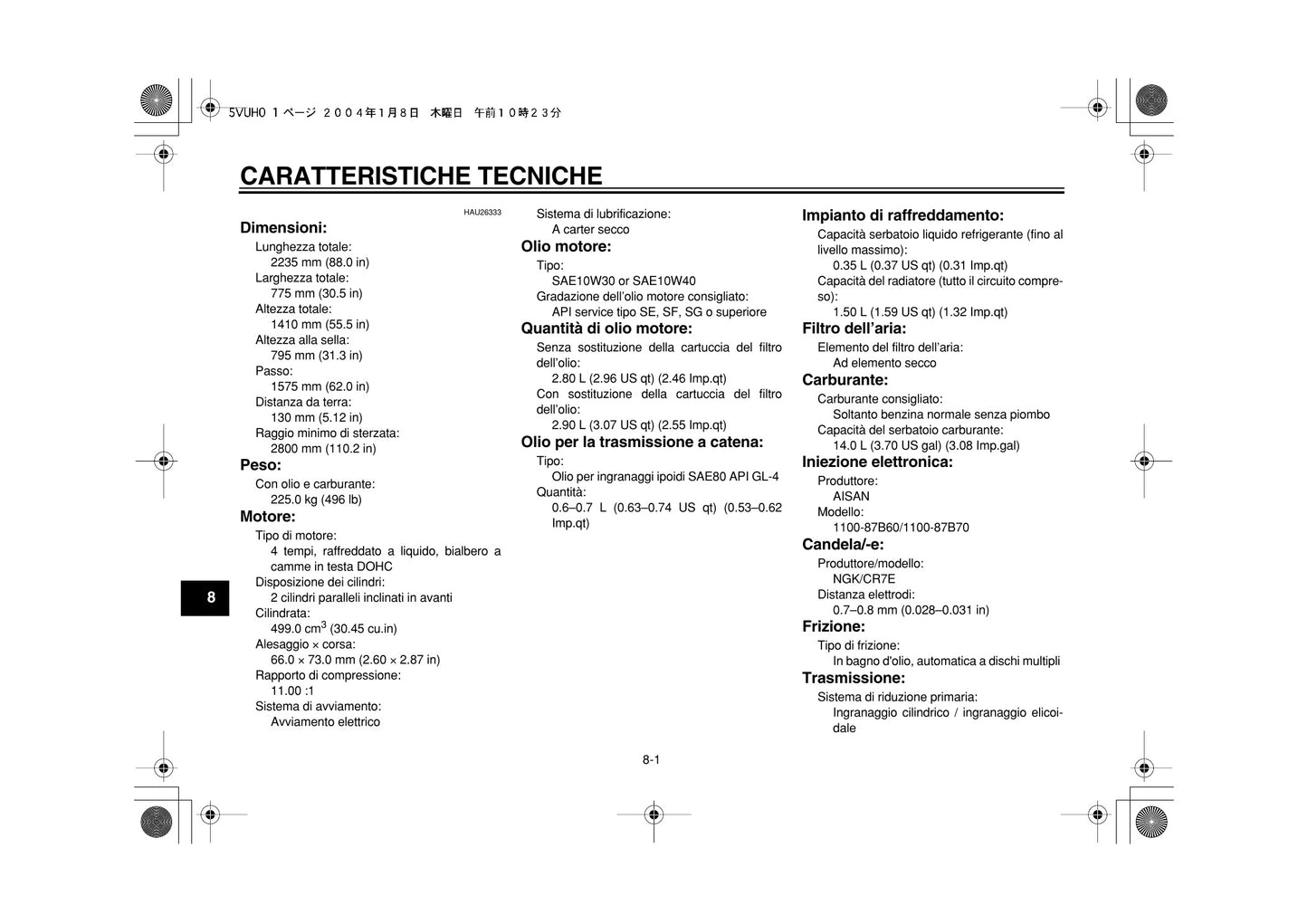 Yamaha TMAX XP500 2004 Manuale Uso e Manutenzione Italiano PDF – 92 Pagine